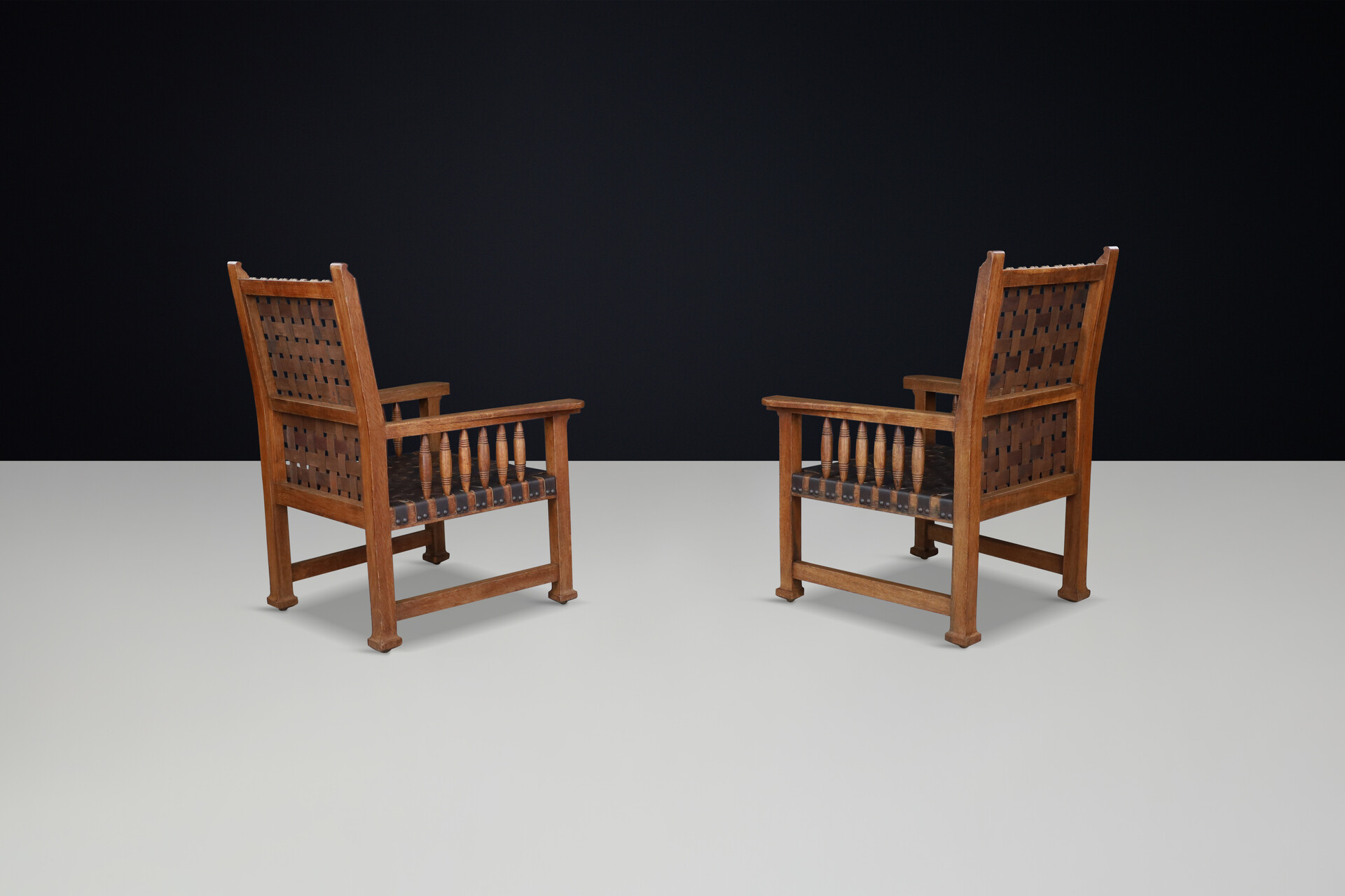 French provincial Large Oak and leather armchairs, France 1950s Mid-20th century