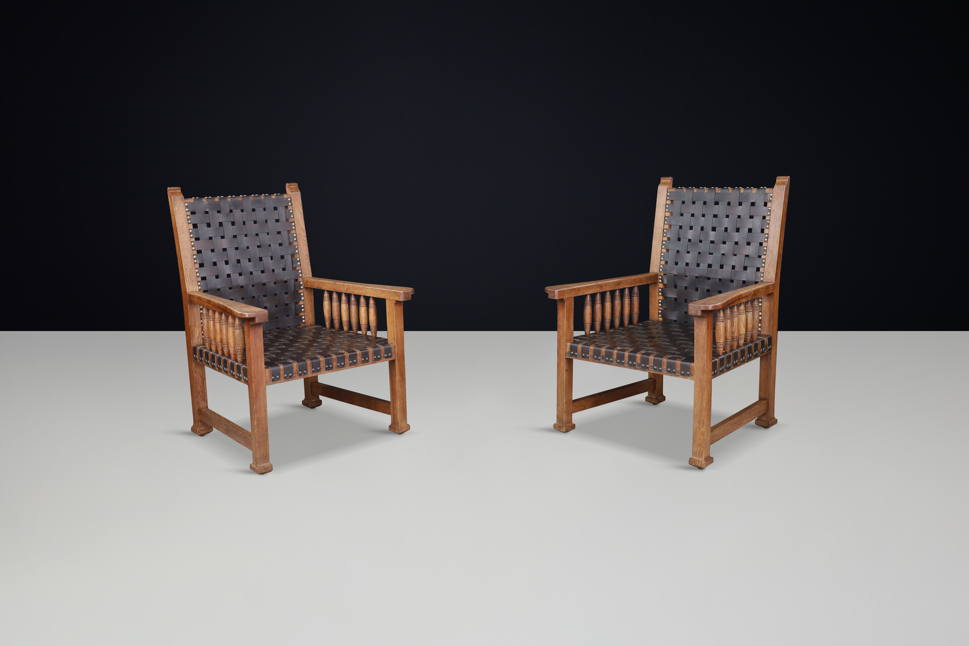 French provincial Large Oak and leather armchairs, France 1950s Mid-20th century