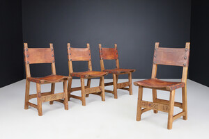 French provincial Midcentury Dining room Chairs in Patinated Cognac Saddle Leather, France 1950s Mid-20th century