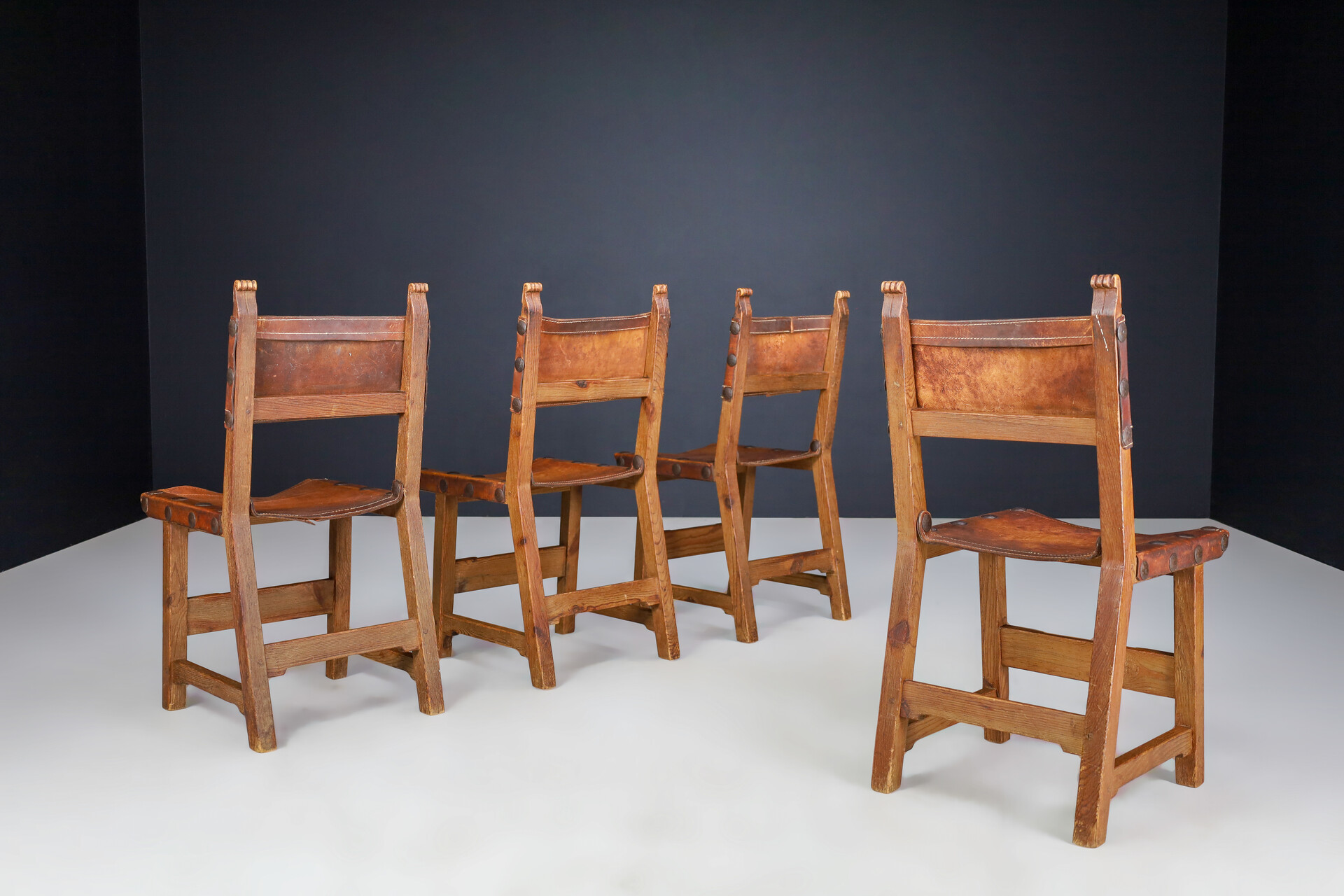 French provincial Midcentury Dining room Chairs in Patinated Cognac Saddle Leather, France 1950s Mid-20th century