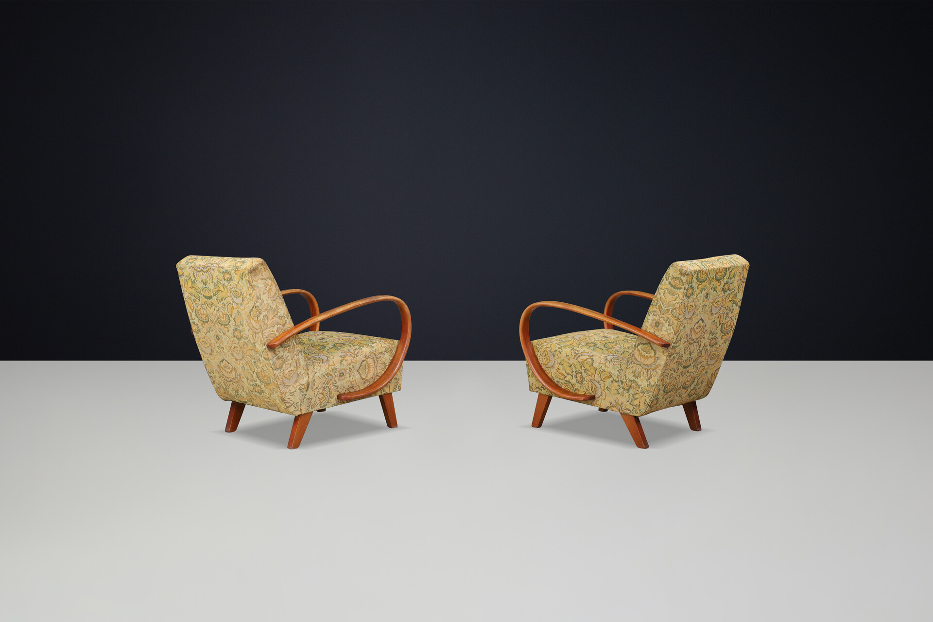 Jindrich Halabala Patinated Armchairs with Original Floral Upholstery, 1940s Mid-20th century