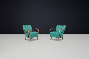 JIndrich Halabala re-upholstered patinated bentwood lounge chairs from the 1930s Mid-20th century