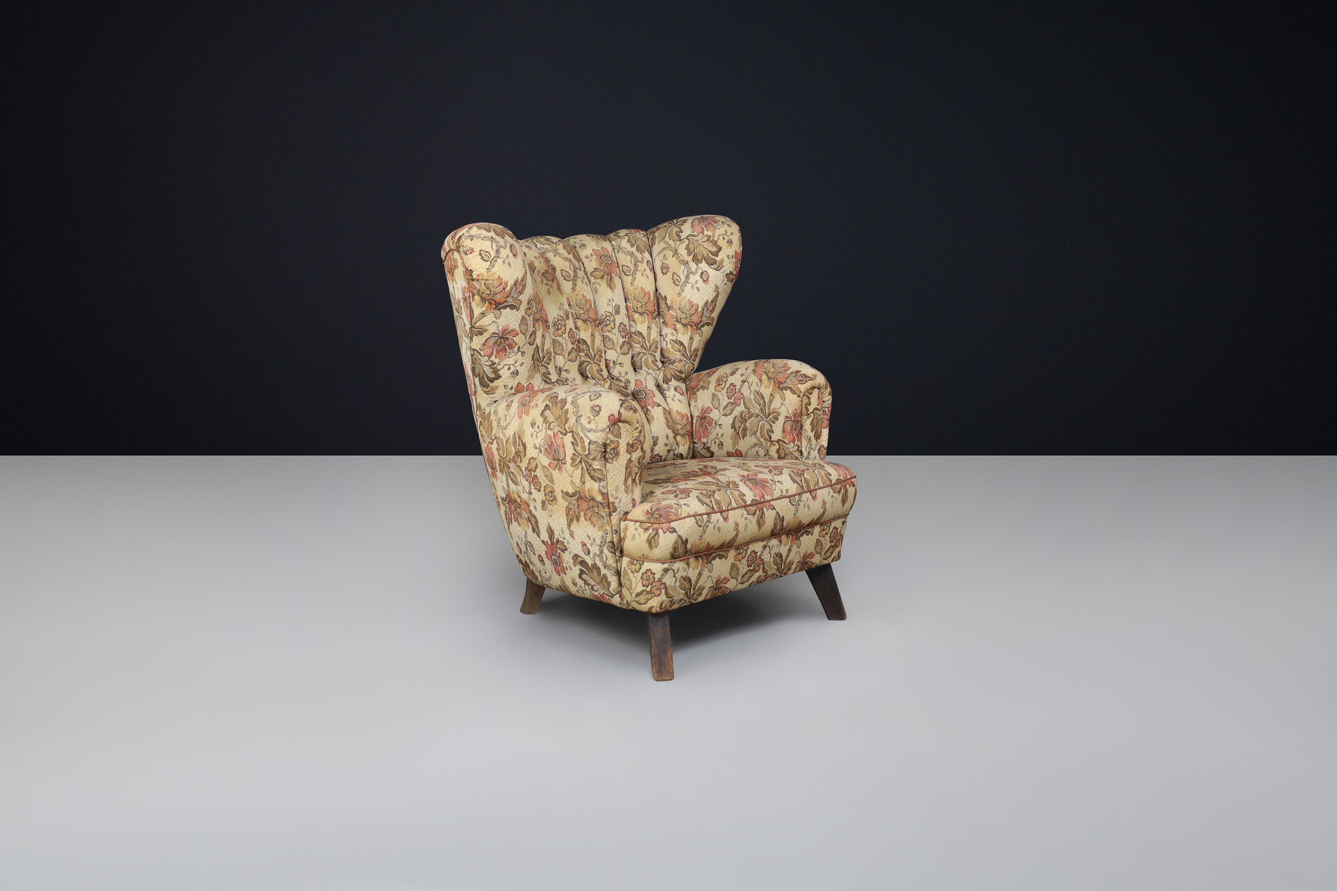 Large art deco wing back armchair with original fabric , Austria 1930s Early-20th century