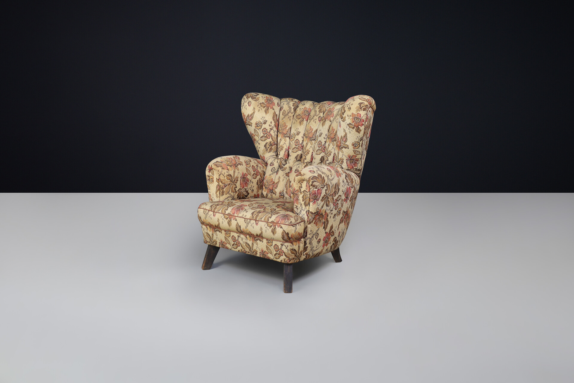 Large art deco wing back armchair with original fabric , Austria 1930s Early-20th century