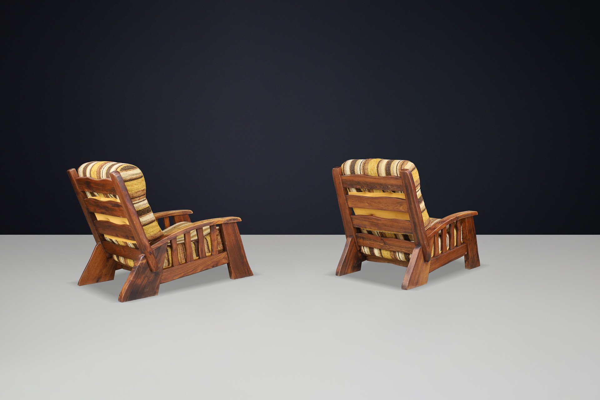 Large Brutalist Lounge Chairs in Solid Elm with original fabric France 1960s Mid-20th century