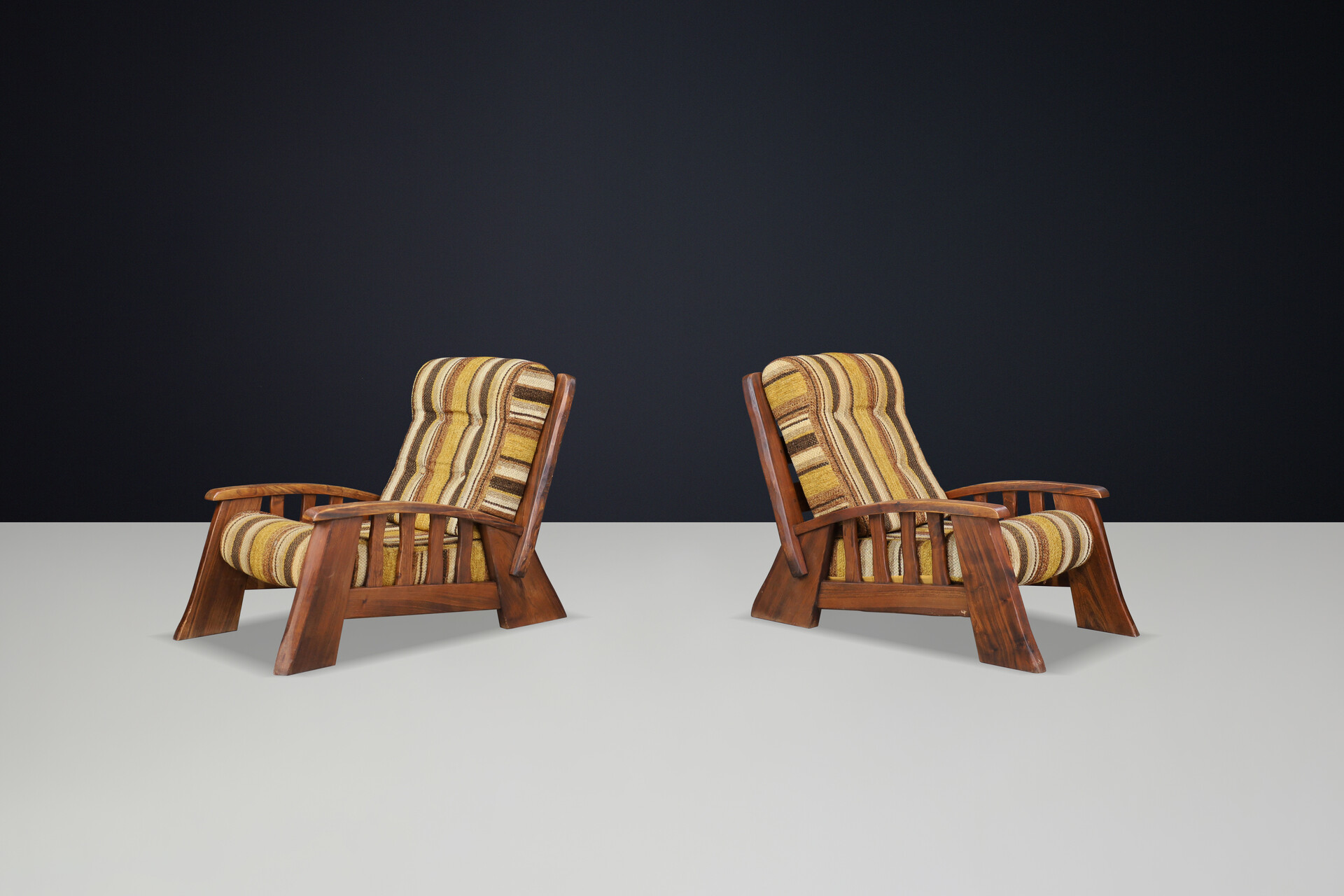 Large Brutalist Lounge Chairs in Solid Elm with original fabric France 1960s Mid-20th century