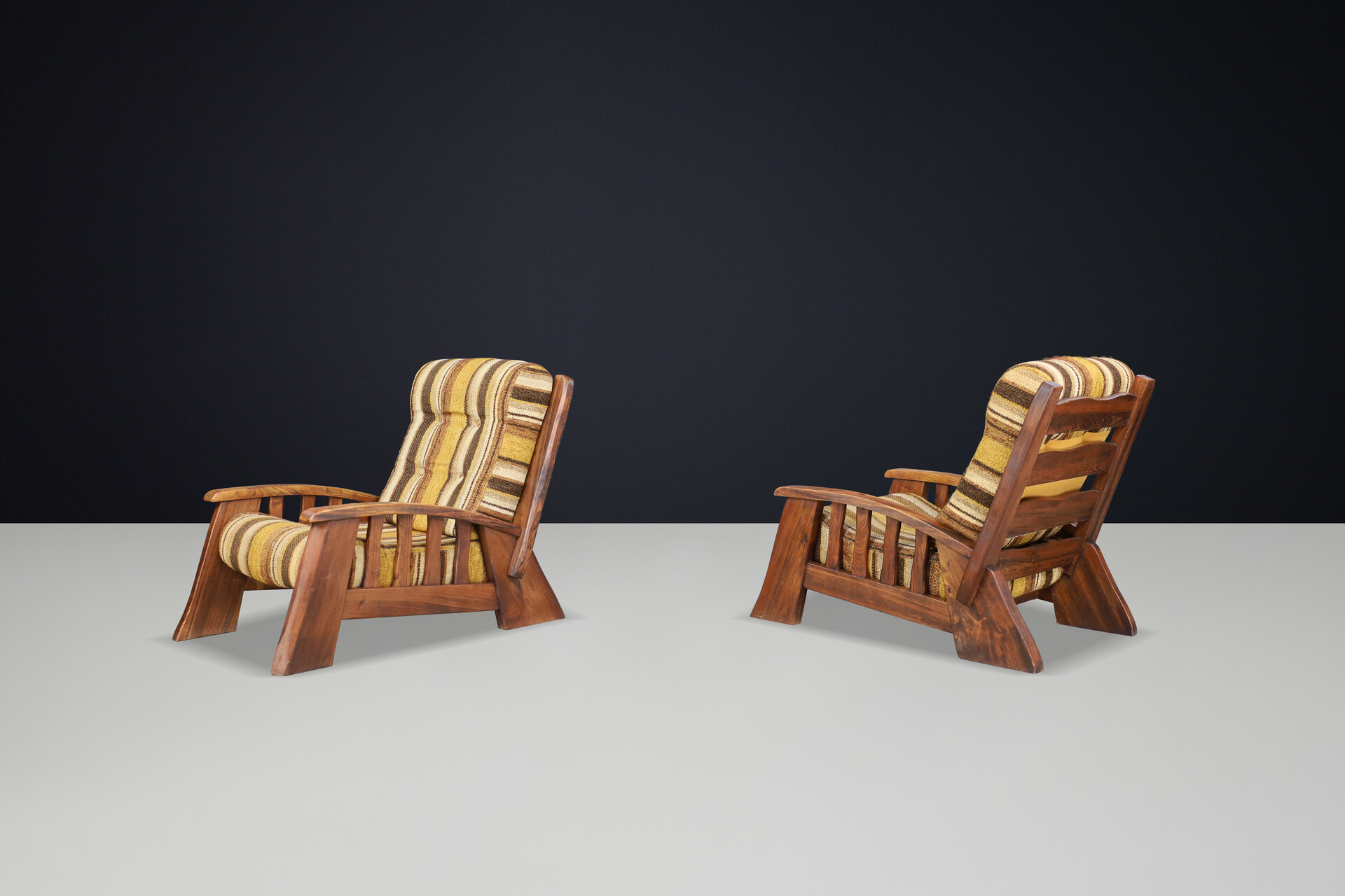 Large Brutalist Lounge Chairs in Solid Elm with original fabric France 1960s Mid-20th century