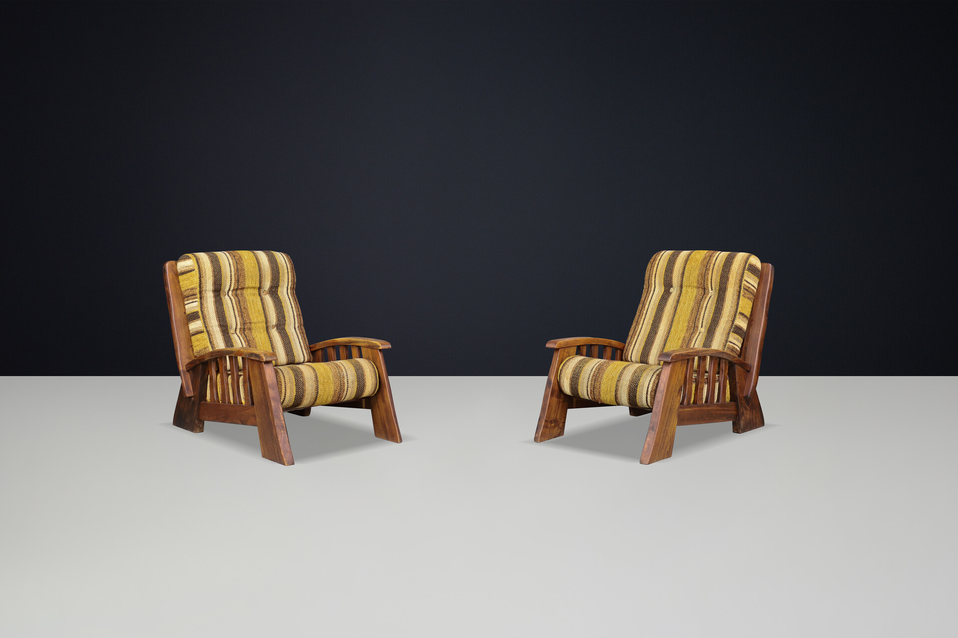 Large Brutalist Lounge Chairs in Solid Elm with original fabric France 1960s Mid-20th century