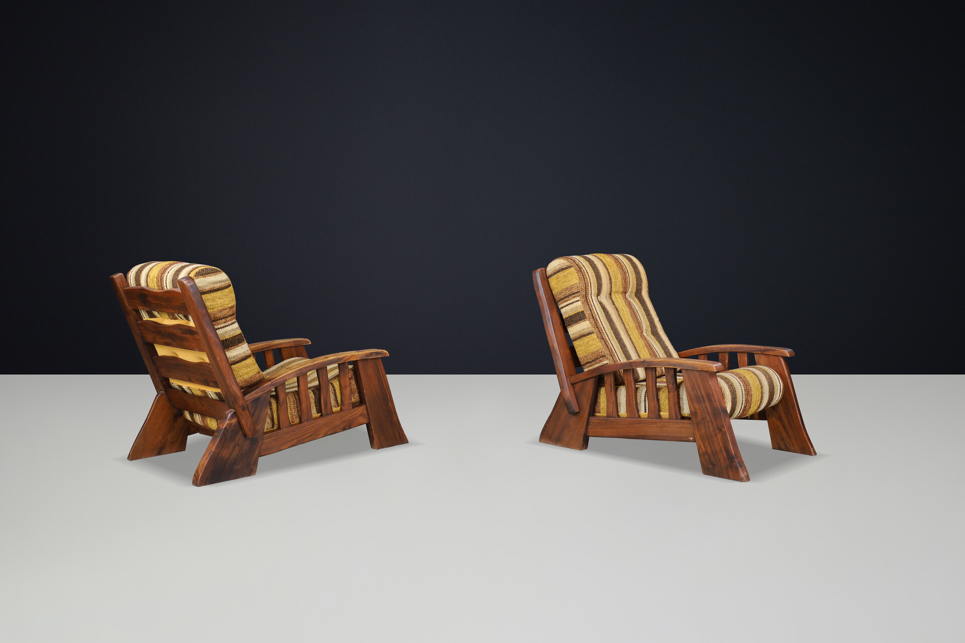 Large Brutalist Lounge Chairs in Solid Elm with original fabric France 1960s Mid-20th century