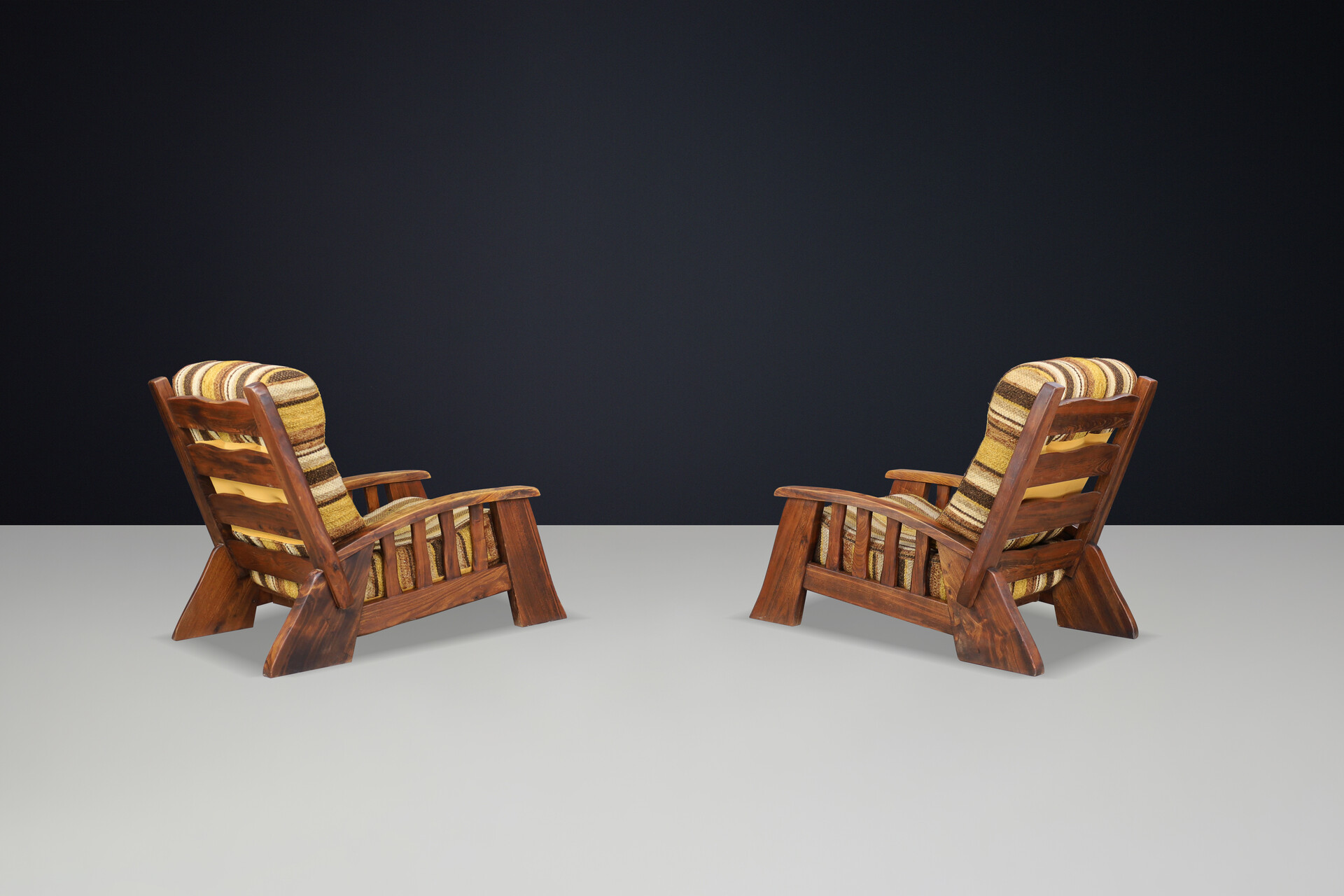 Large Brutalist Lounge Chairs in Solid Elm with original fabric France 1960s Mid-20th century