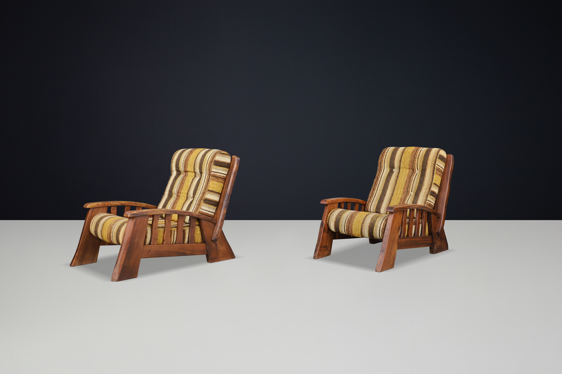 Large Brutalist Lounge Chairs in Solid Elm with original fabric France 1960s Mid-20th century