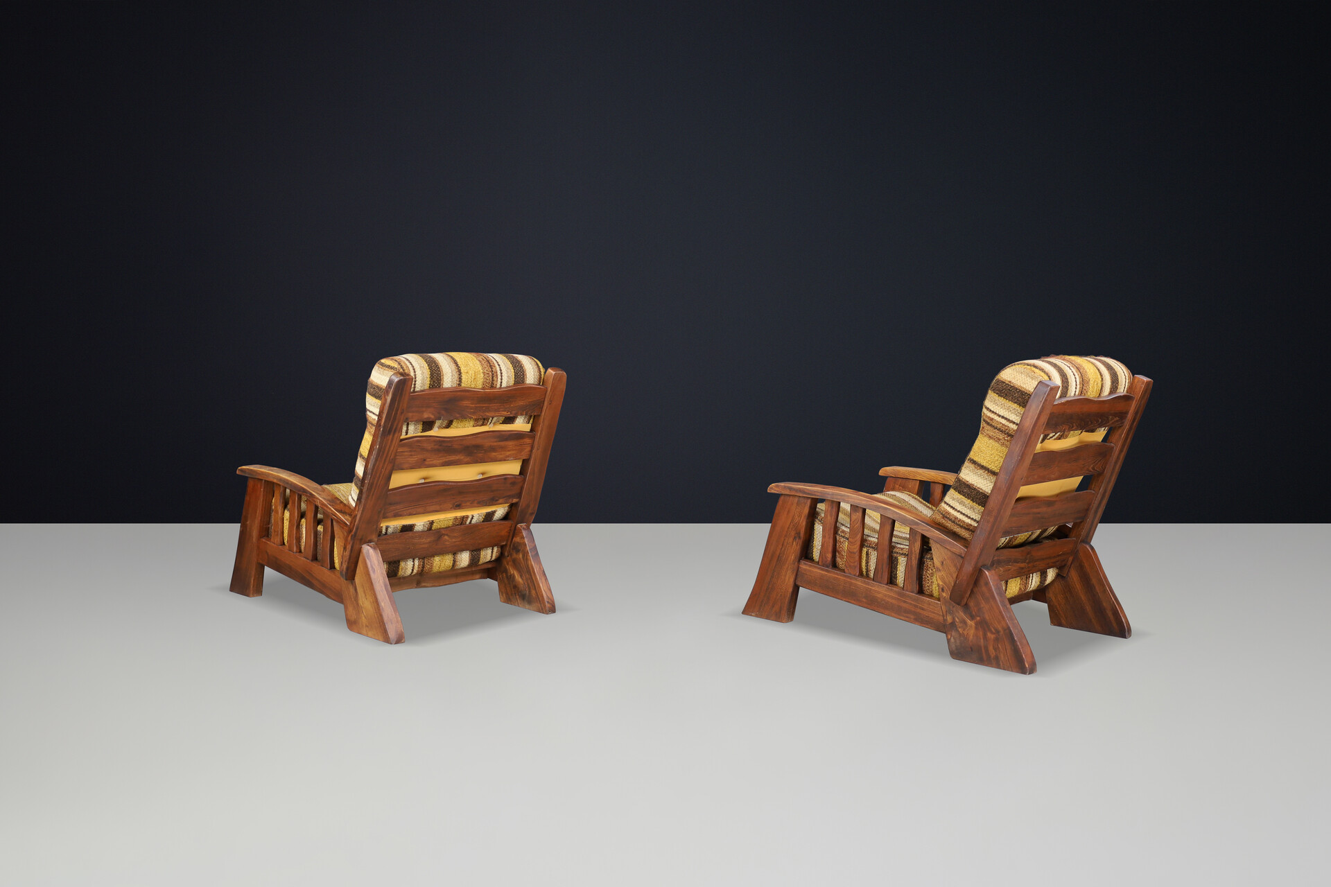 Large Brutalist Lounge Chairs in Solid Elm with original fabric France 1960s Mid-20th century