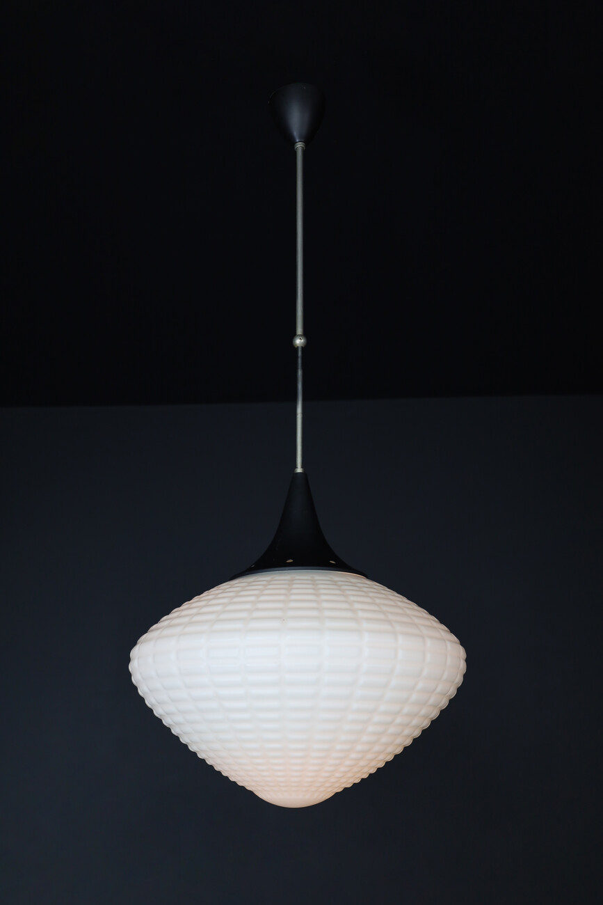 Large Midcentury Pendants, Structured Opaline Glass, Europe, 1950s Mid-20th century