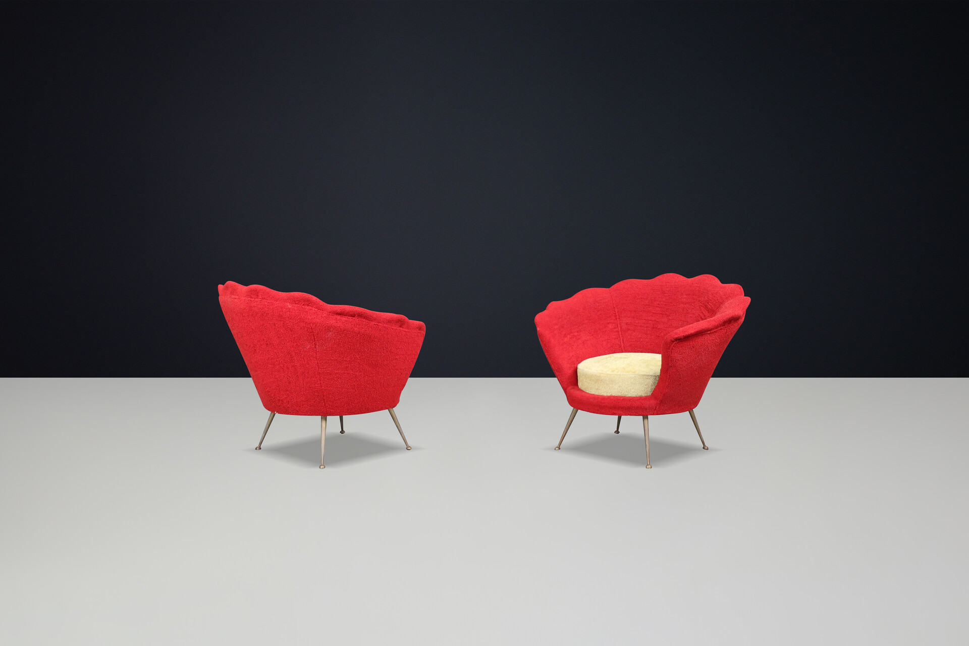 Mid-Century Flower-Shaped Lounge Chairs, Fabric Upholstery, Brass, Italy, 1950s Mid-20th century