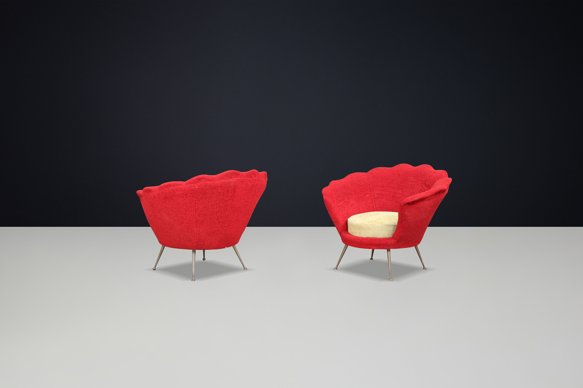 Mid-Century Flower-Shaped Lounge Chairs, Fabric Upholstery, Brass, Italy, 1950s Mid-20th century