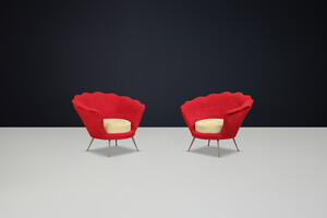 Mid-Century Flower-Shaped Lounge Chairs, Fabric Upholstery, Brass, Italy, 1950s Mid-20th century