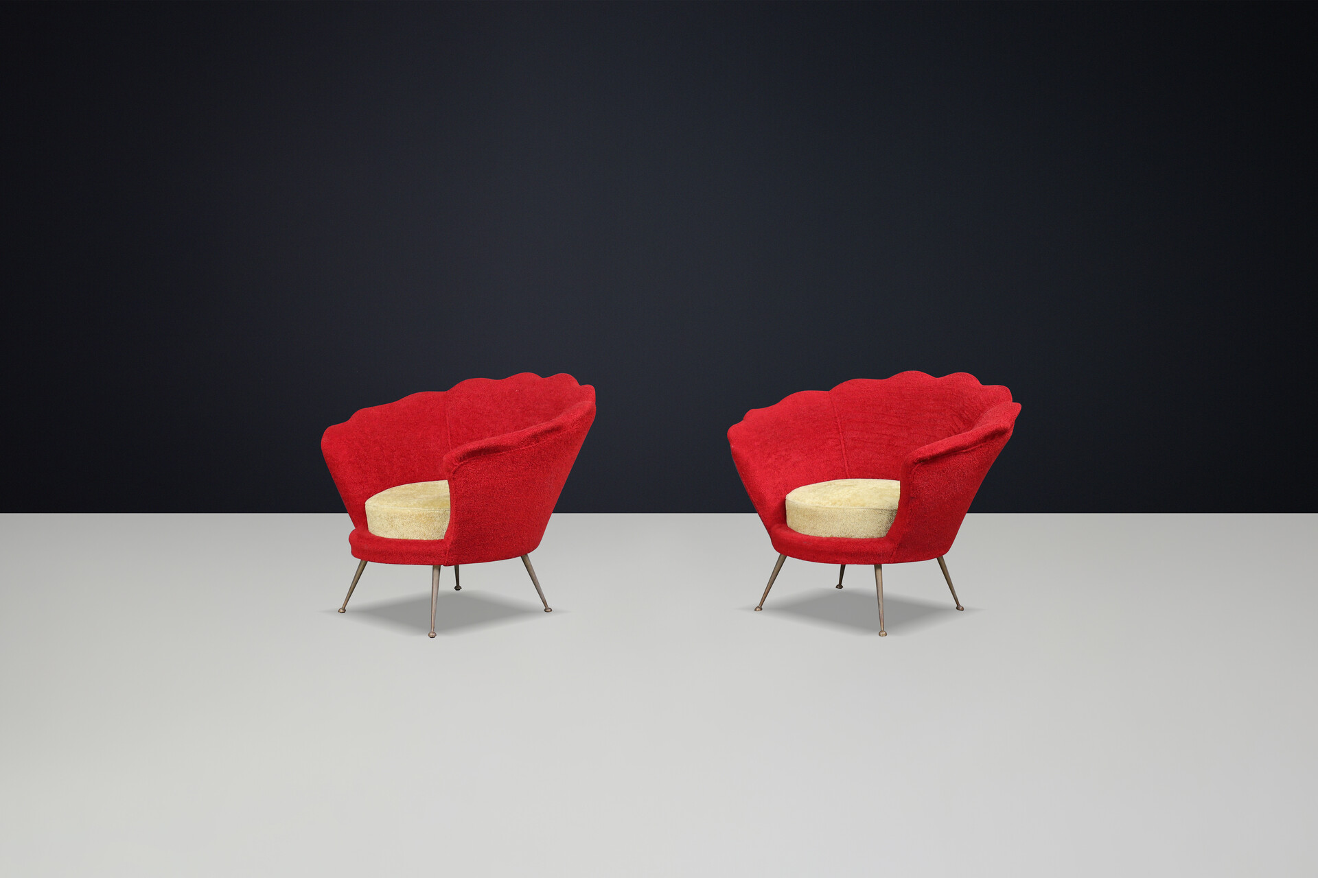 Mid-Century Flower-Shaped Lounge Chairs, Fabric Upholstery, Brass, Italy, 1950s Mid-20th century