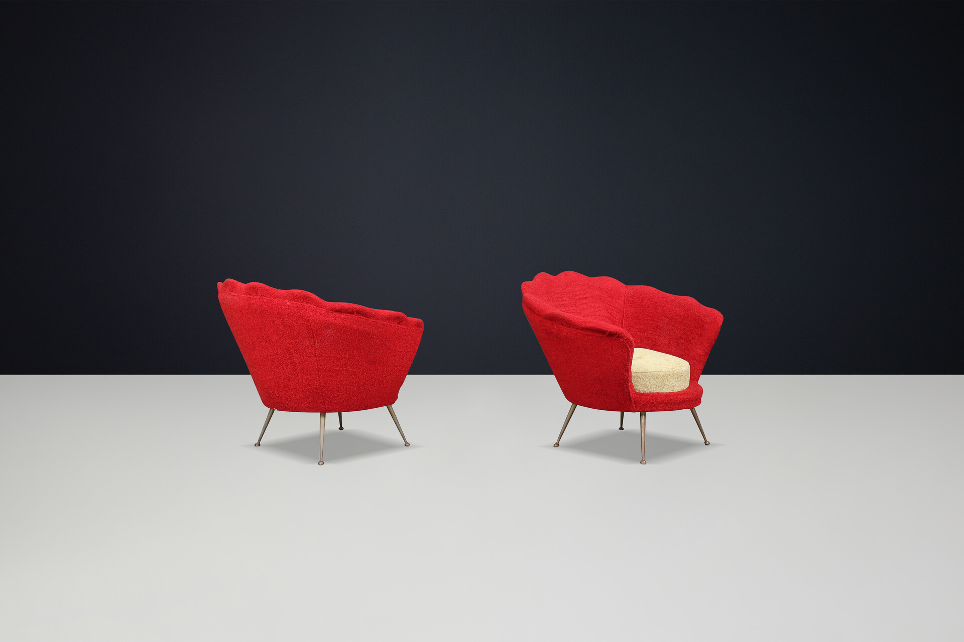 Mid-Century Flower-Shaped Lounge Chairs, Fabric Upholstery, Brass, Italy, 1950s Mid-20th century