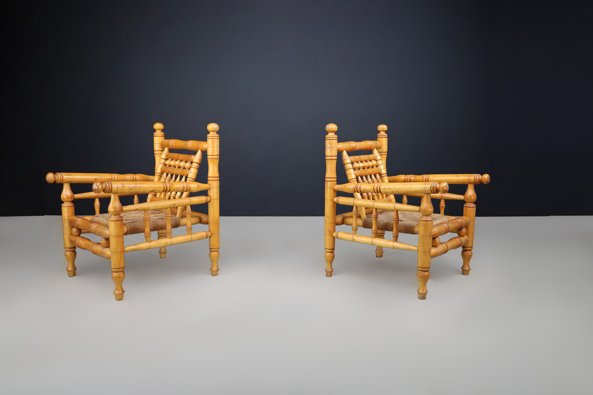 Mid century modern Adrien Audoux and Frida Minet beech and rope Lounge Chairs set/2, France 1950 Mid-20th century