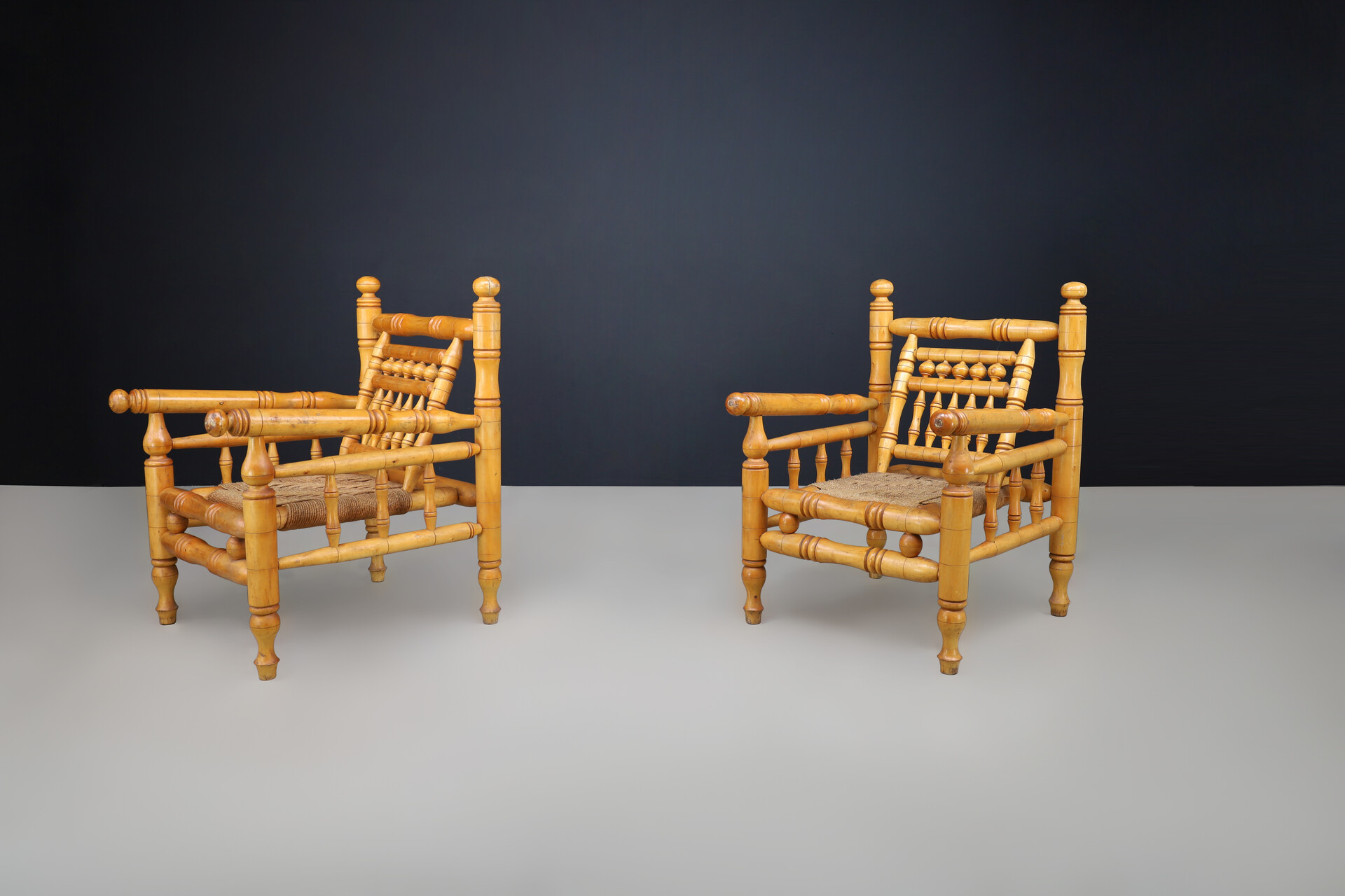 Mid century modern Adrien Audoux and Frida Minet beech and rope Lounge Chairs set/2, France 1950 Mid-20th century