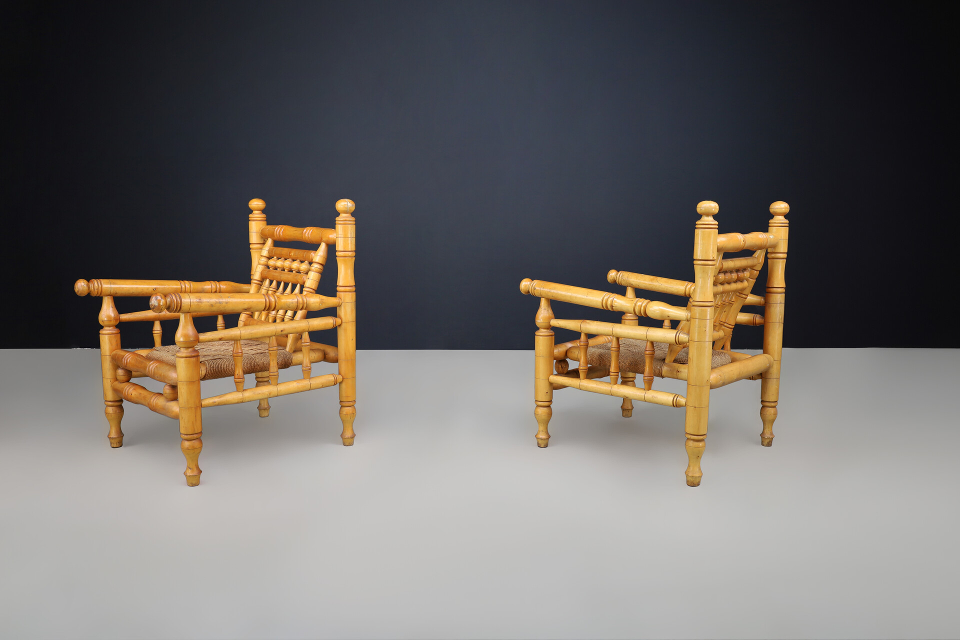 Mid century modern Adrien Audoux and Frida Minet beech and rope Lounge Chairs set/2, France 1950 Mid-20th century