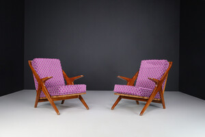 Mid century modern Armchairs in Walnut and Original Fabric, Italy 1950s Mid-20th century