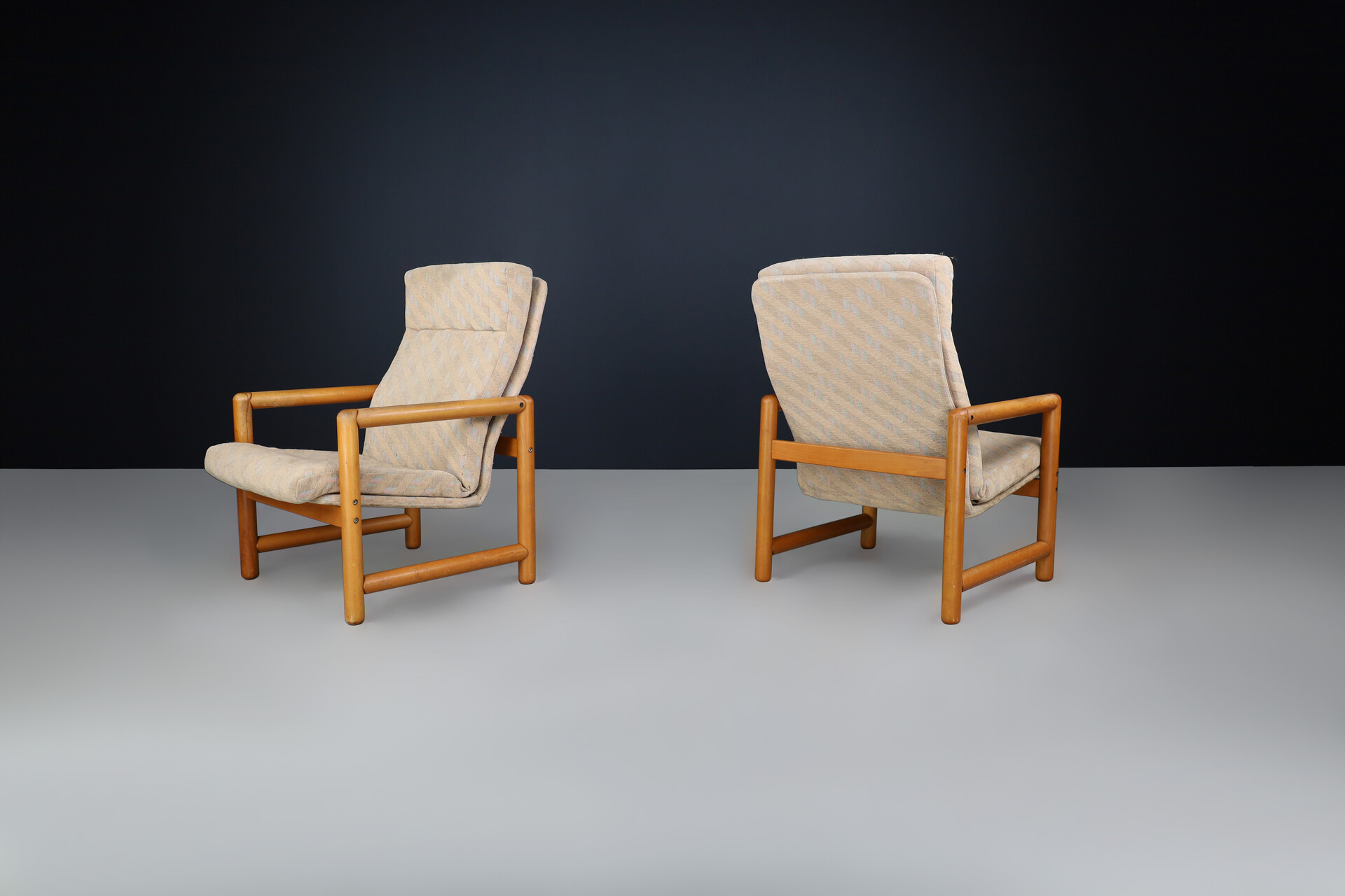 Mid century modern Armchairs / lounge chairs in original fabric and wood, Cz 1970s Late-20th century