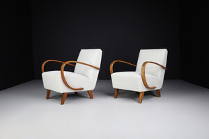 Mid century modern Art-Deco Armchairs by Jindrich Halabala, With New Upholstered bouclé Fabric, Praque 1940s Mid-20th century