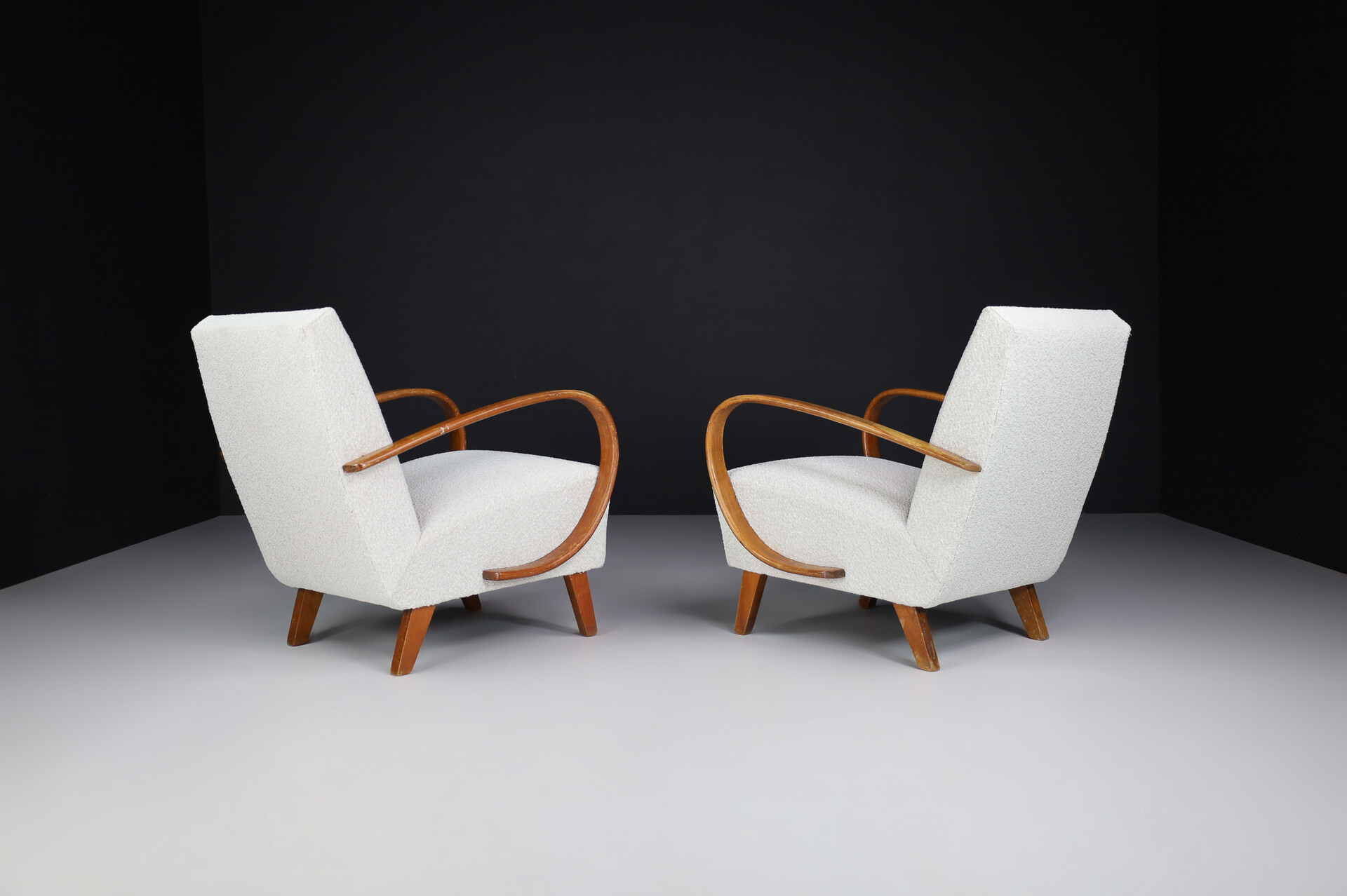 Mid century modern Art-Deco Armchairs by Jindrich Halabala, With New Upholstered bouclé Fabric, Praque 1940s Mid-20th century