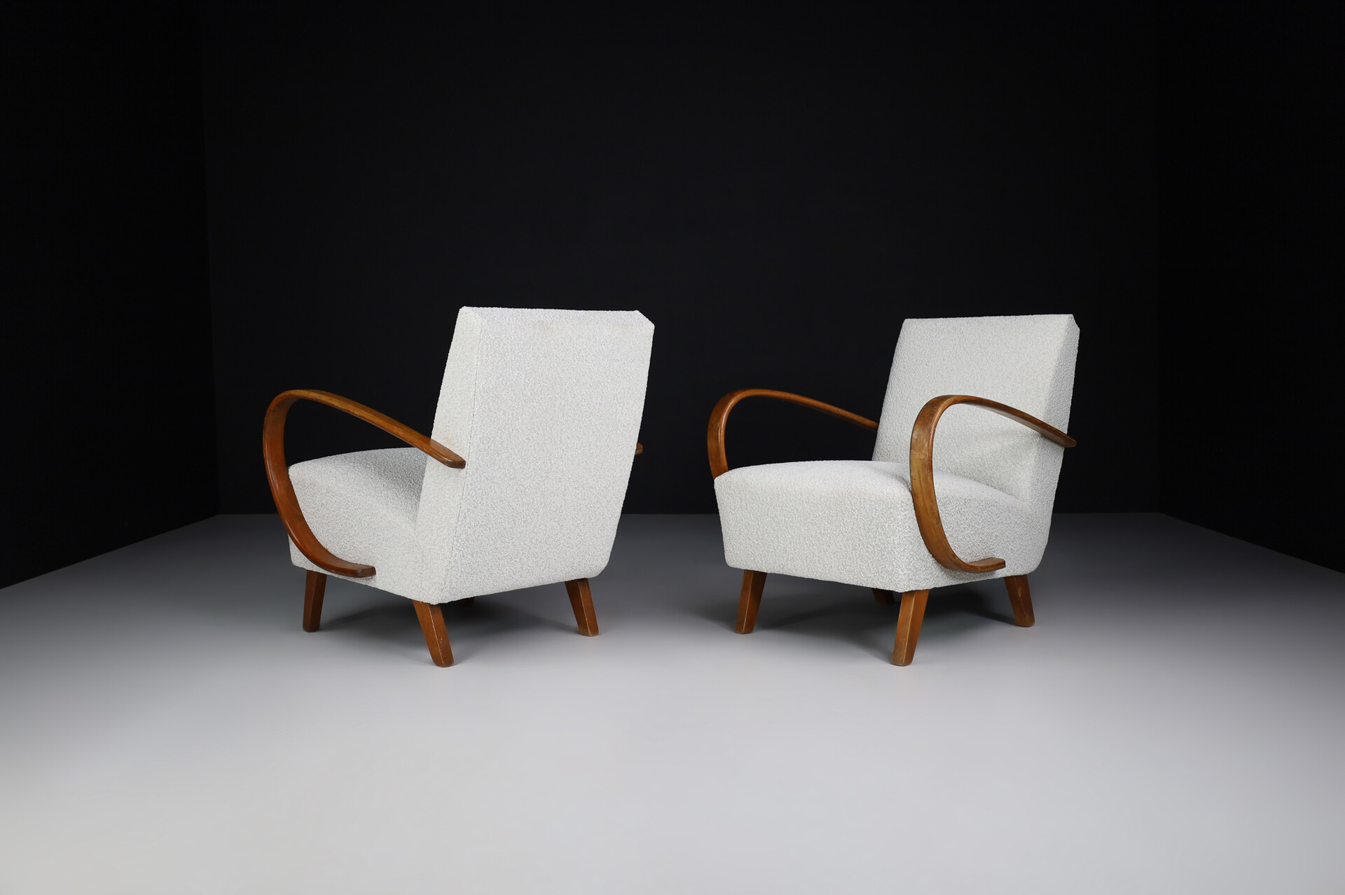 Mid century modern Art-Deco Armchairs by Jindrich Halabala, With New Upholstered bouclé Fabric, Praque 1940s Mid-20th century