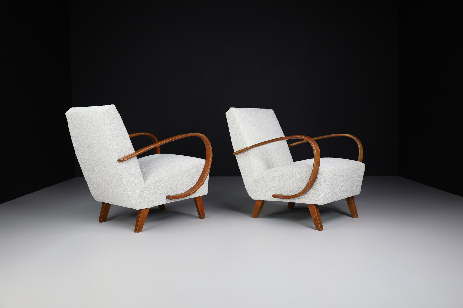 Mid century modern Art-Deco Armchairs by Jindrich Halabala, With New Upholstered bouclé Fabric, Praque 1940s Mid-20th century