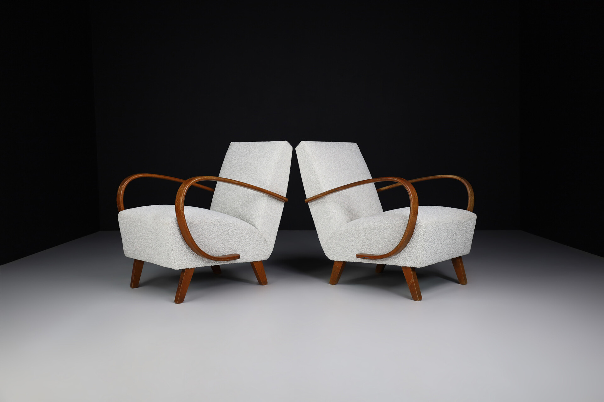 Mid century modern Art-Deco Armchairs by Jindrich Halabala, With New Upholstered bouclé Fabric, Praque 1940s Mid-20th century