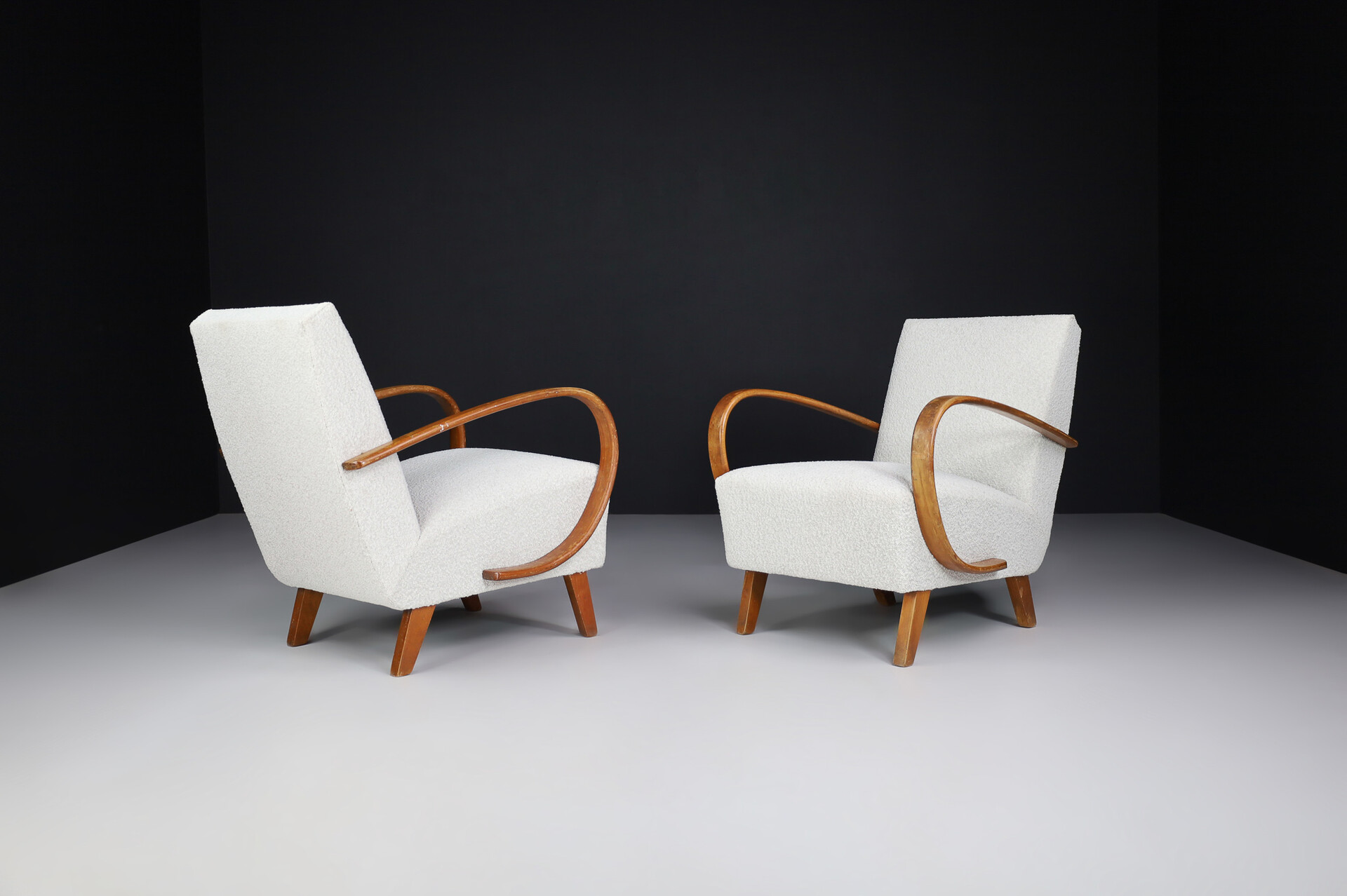 Mid century modern Art-Deco Armchairs by Jindrich Halabala, With New Upholstered bouclé Fabric, Praque 1940s Mid-20th century