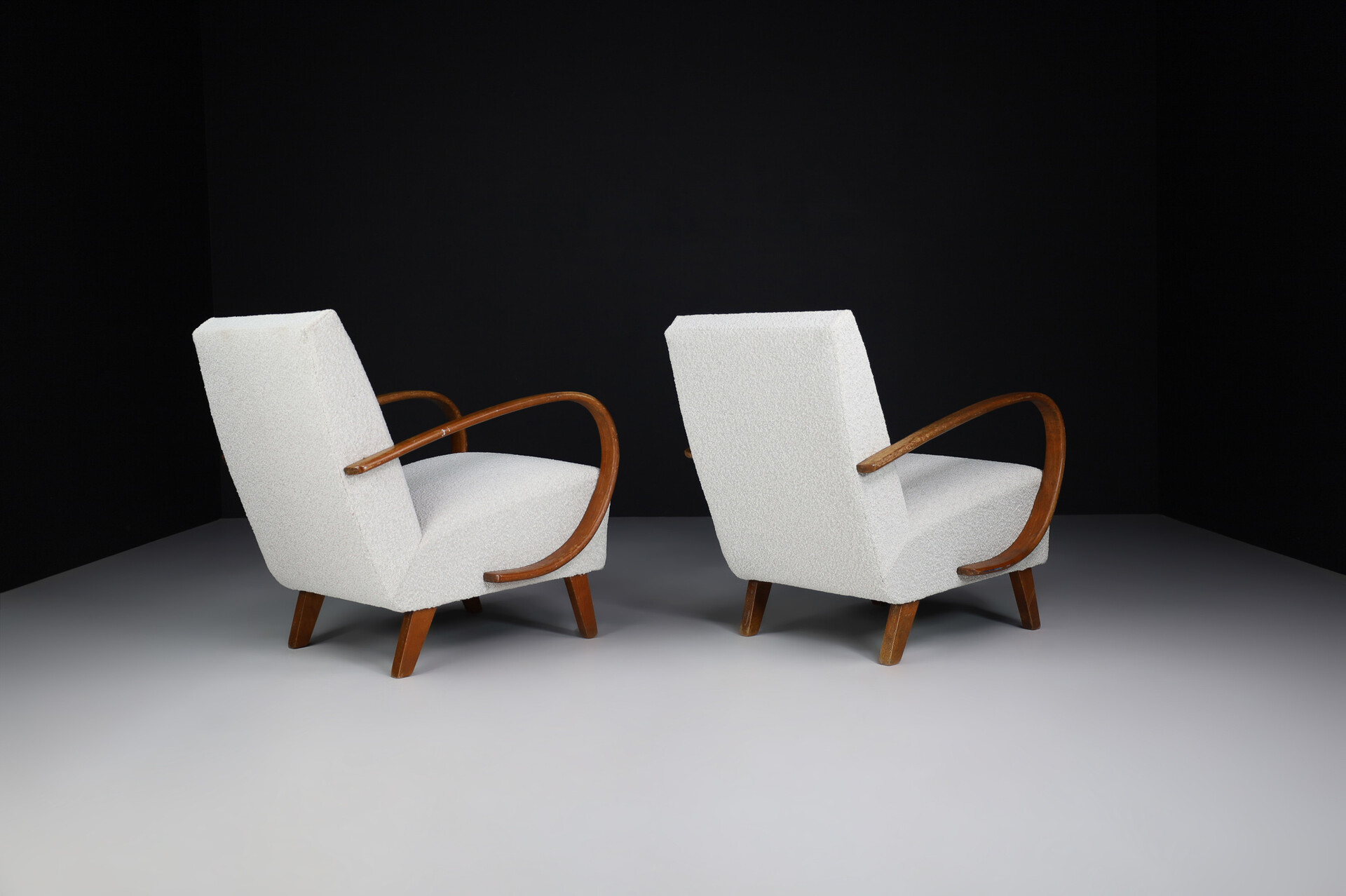 Mid century modern Art-Deco Armchairs by Jindrich Halabala, With New Upholstered bouclé Fabric, Praque 1940s Mid-20th century