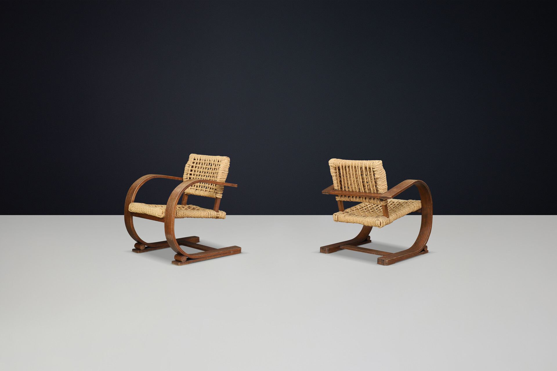 Mid century modern Audoux & Minet Rope and Patinated Bentwood Armchairs for Vibo, France 1940s Mid-20th century