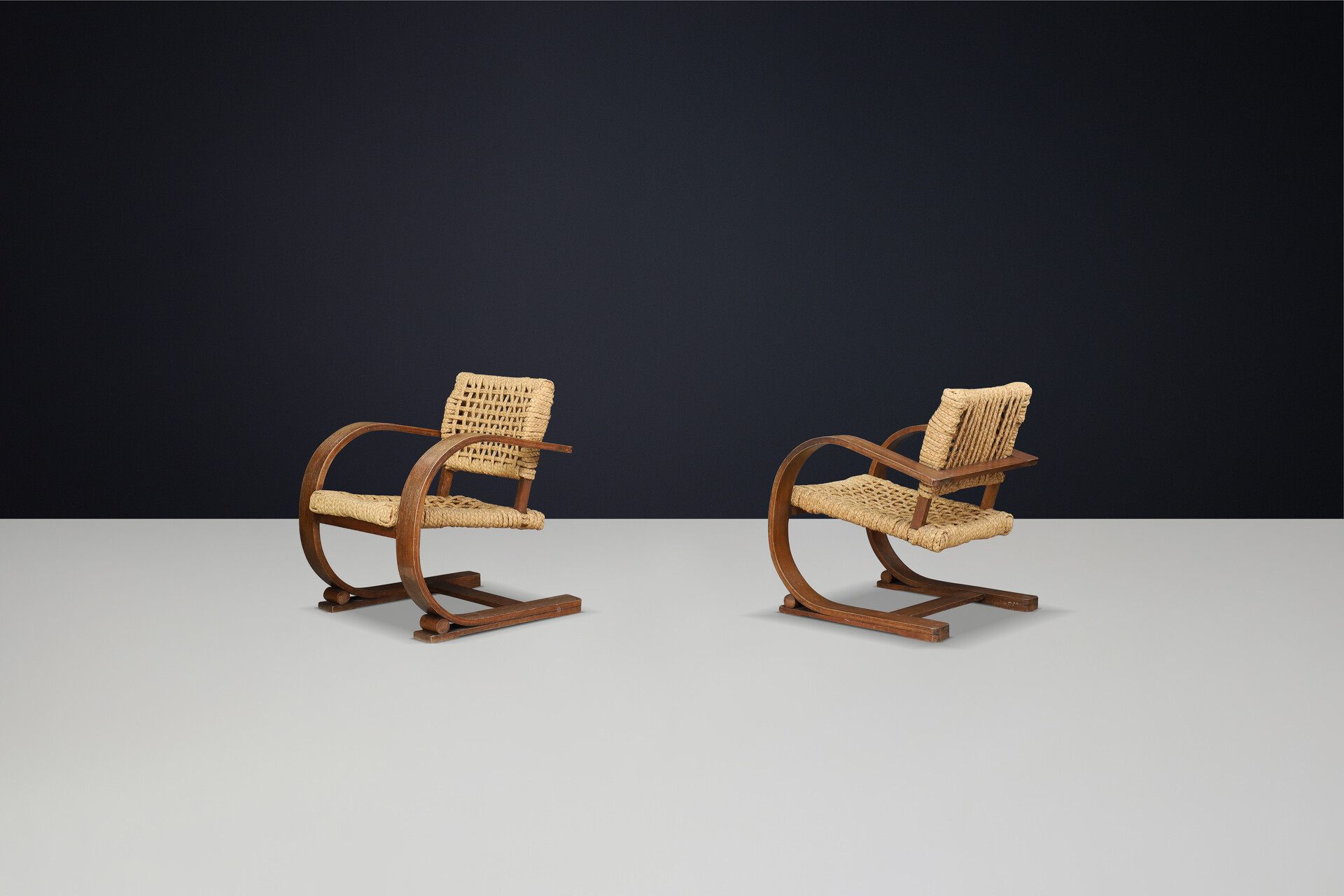 Mid century modern Audoux & Minet Rope and Patinated Bentwood Armchairs for Vibo, France 1940s Mid-20th century