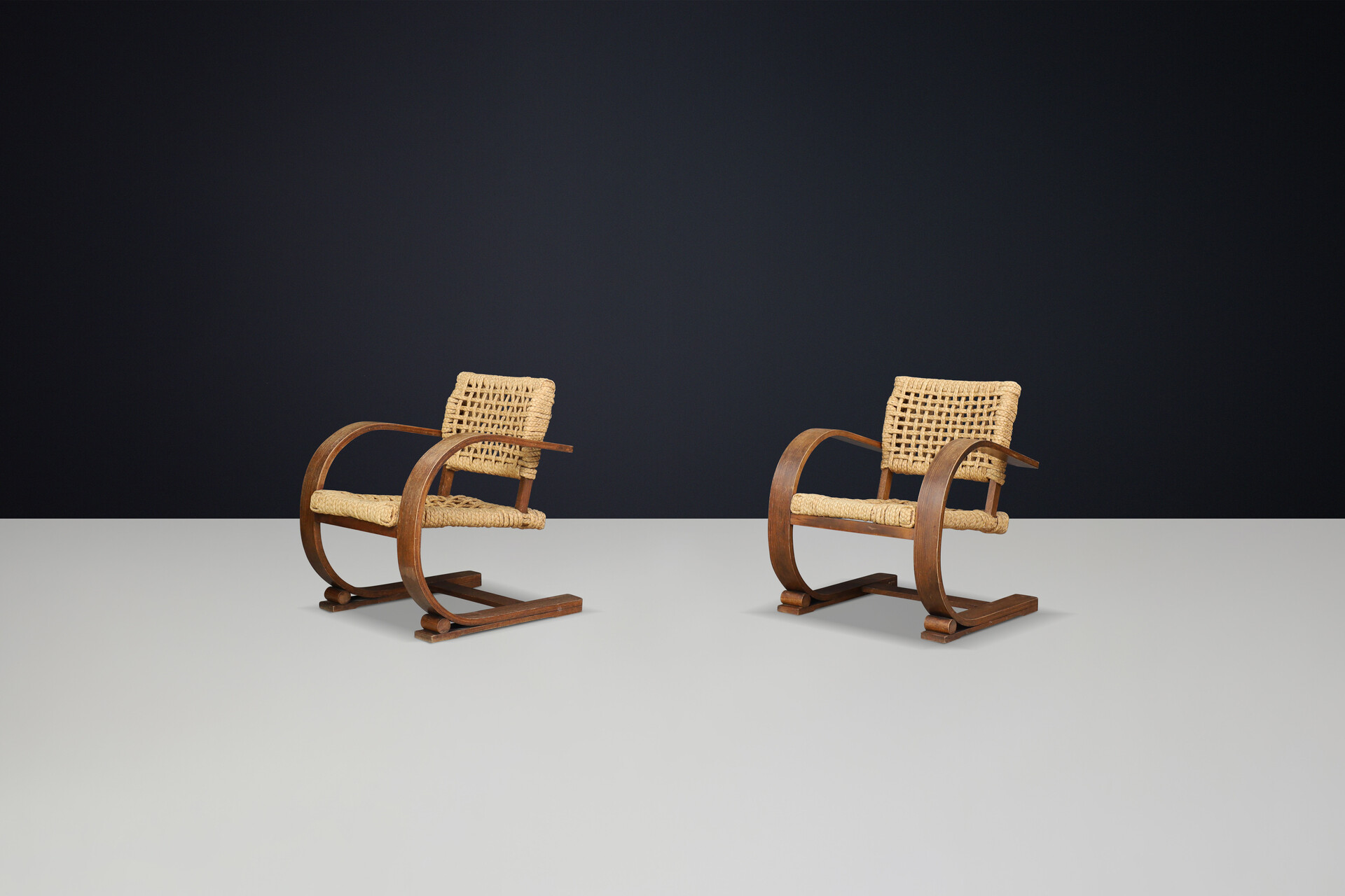 Mid century modern Audoux & Minet Rope and Patinated Bentwood Armchairs for Vibo, France 1940s Mid-20th century