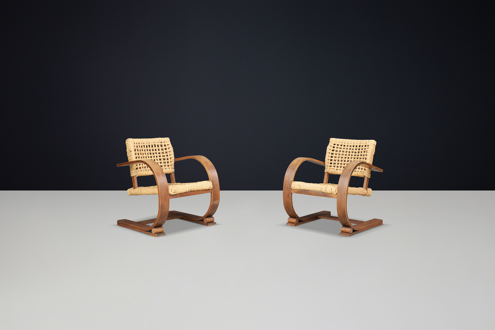 Mid century modern Audoux & Minet Rope and Patinated Bentwood Armchairs for Vibo, France 1940s Mid-20th century