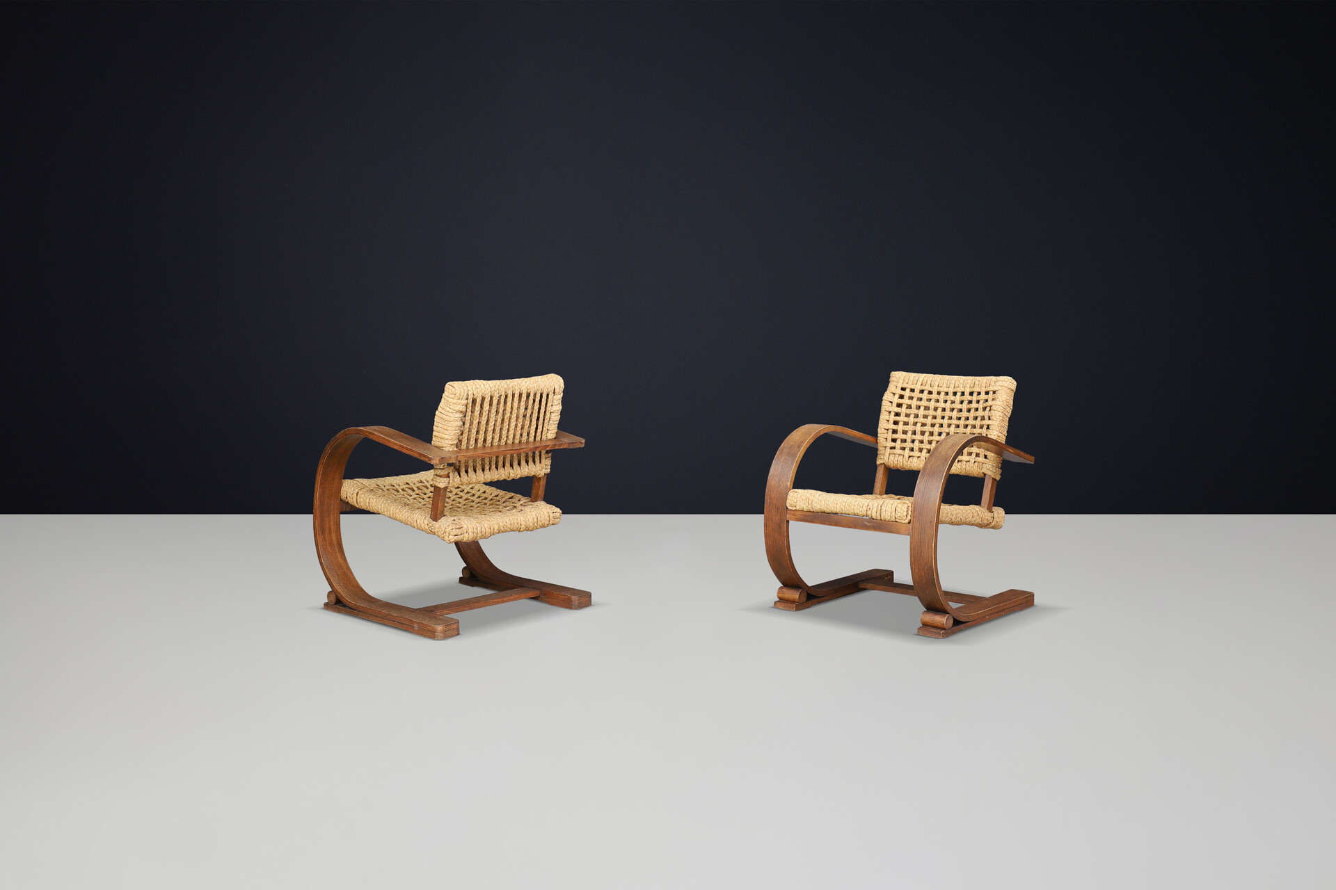 Mid century modern Audoux & Minet Rope and Patinated Bentwood Armchairs for Vibo, France 1940s Mid-20th century