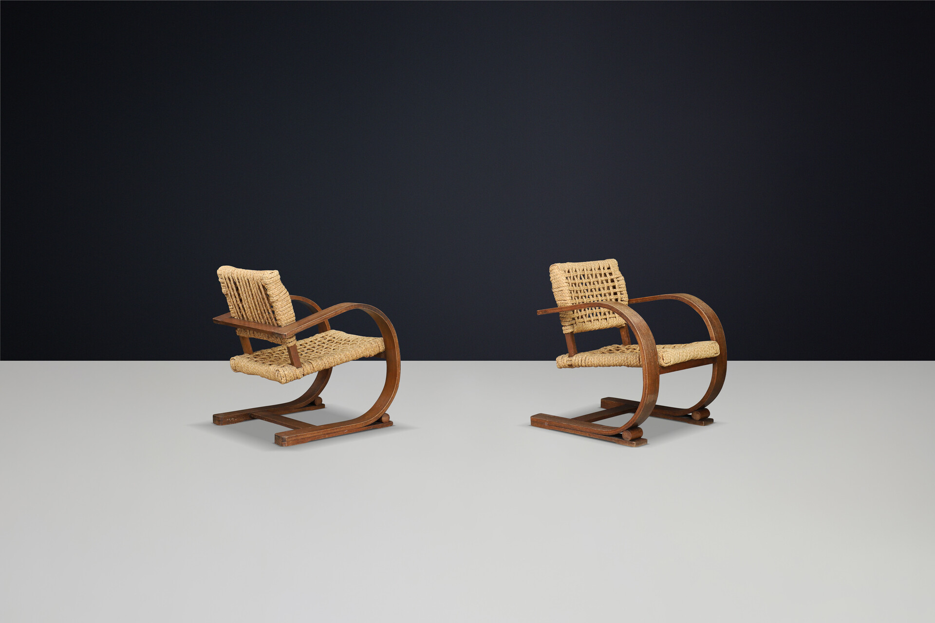 Mid century modern Audoux & Minet Rope and Patinated Bentwood Armchairs for Vibo, France 1940s Mid-20th century