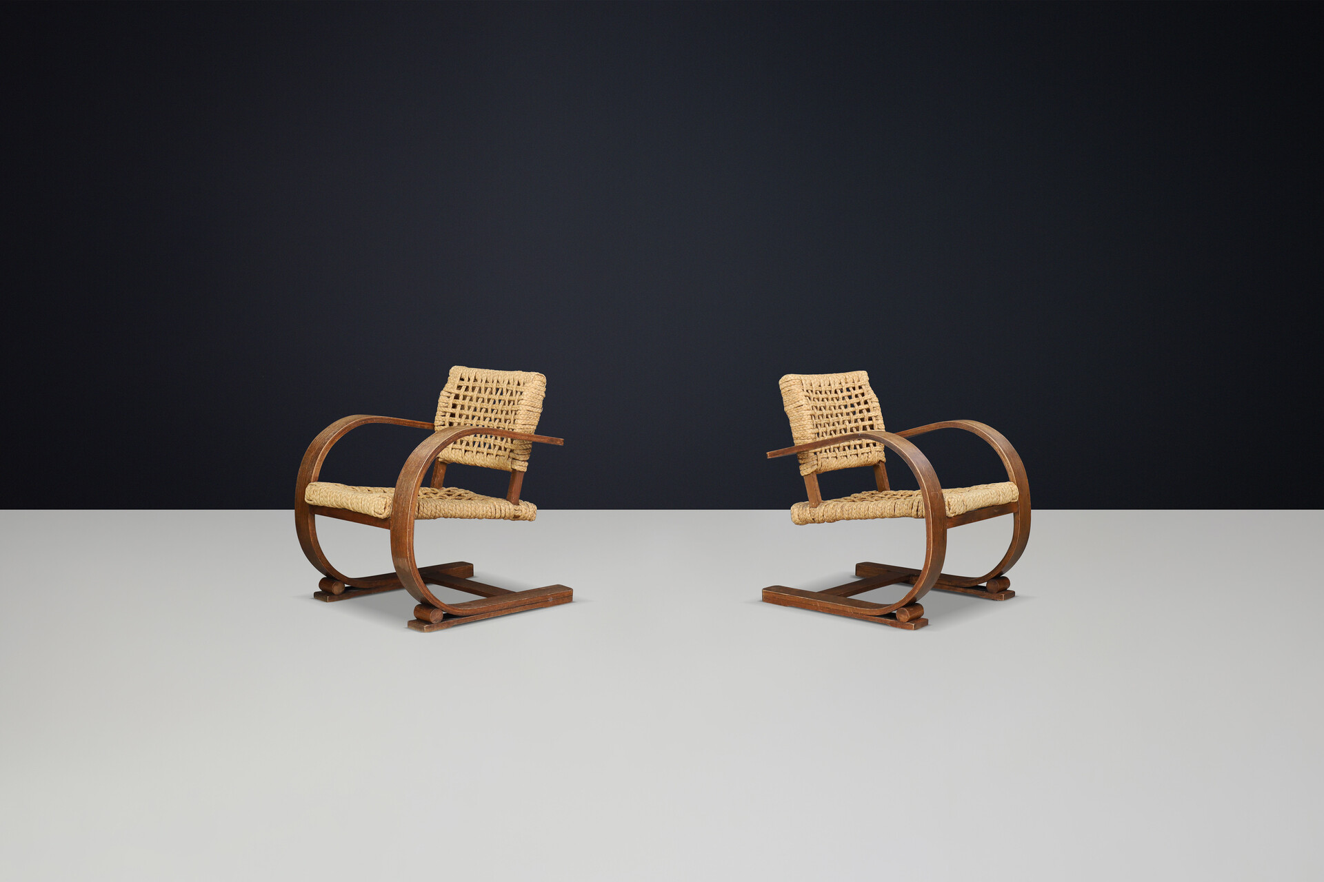 Mid century modern Audoux & Minet Rope and Patinated Bentwood Armchairs for Vibo, France 1940s Mid-20th century