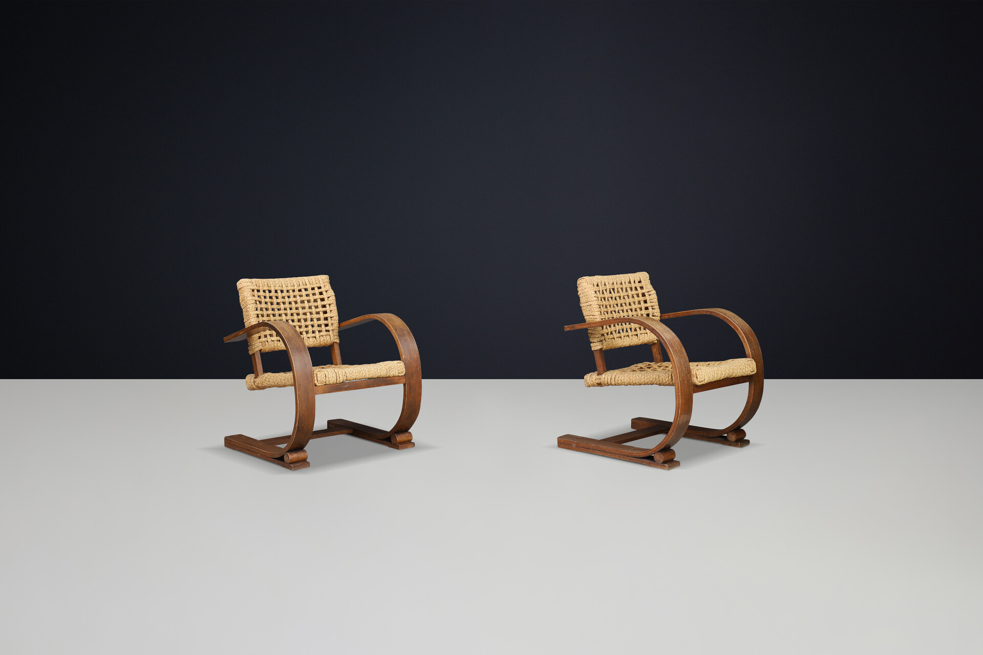 Mid century modern Audoux & Minet Rope and Patinated Bentwood Armchairs for Vibo, France 1940s Mid-20th century