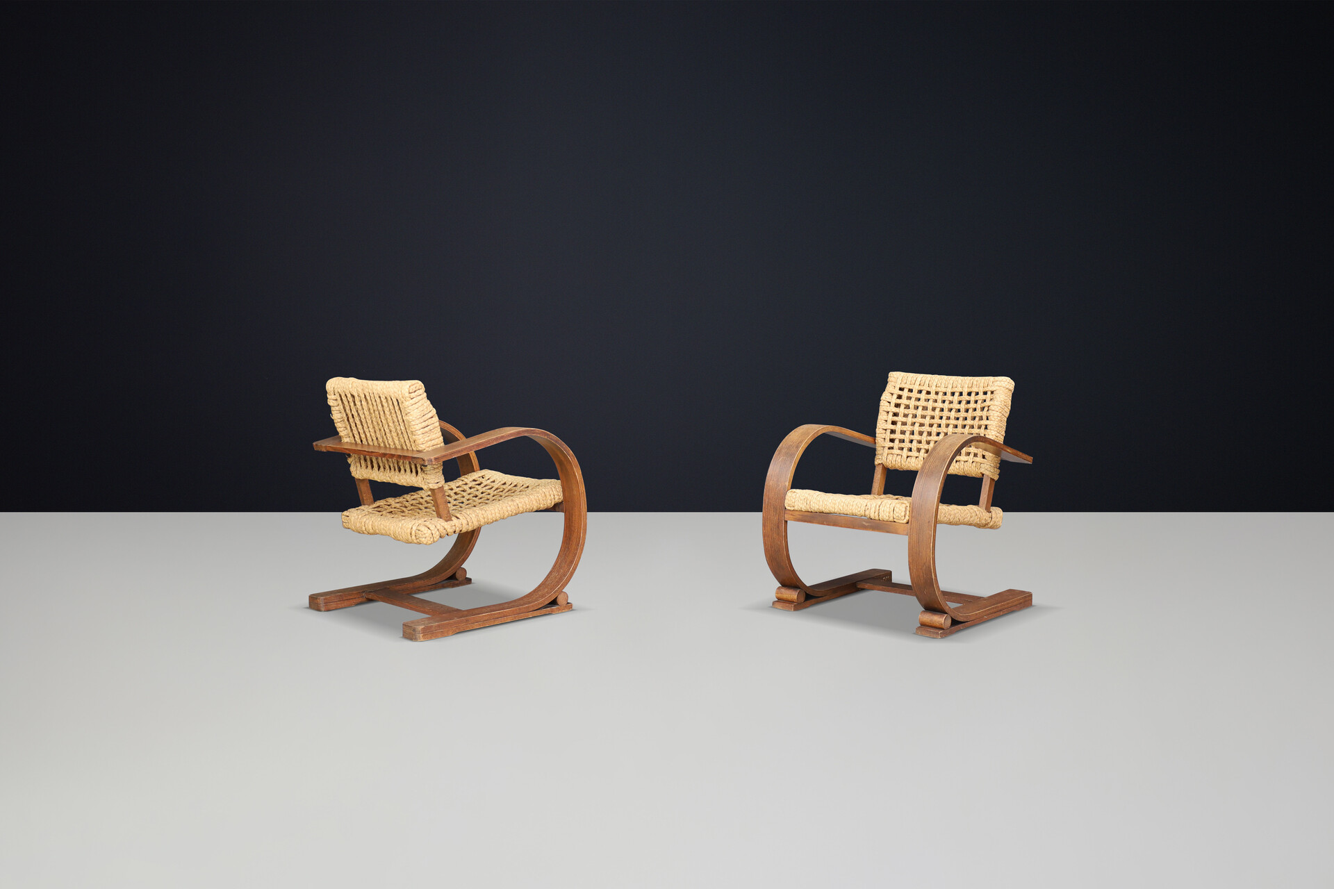 Mid century modern Audoux & Minet Rope and Patinated Bentwood Armchairs for Vibo, France 1940s Mid-20th century