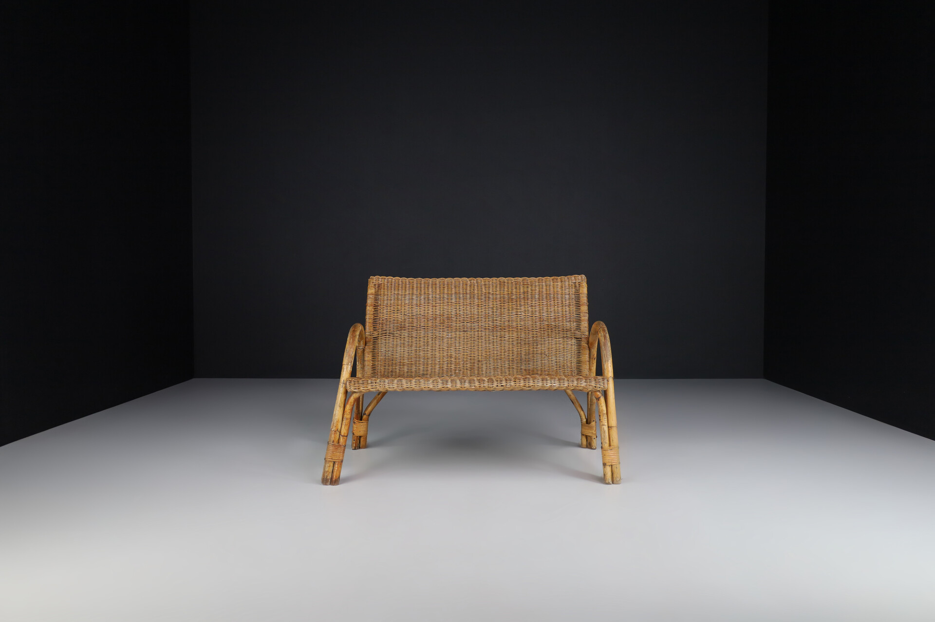 Mid century modern Bamboo and wicker bench, France 1960s Mid-20th century