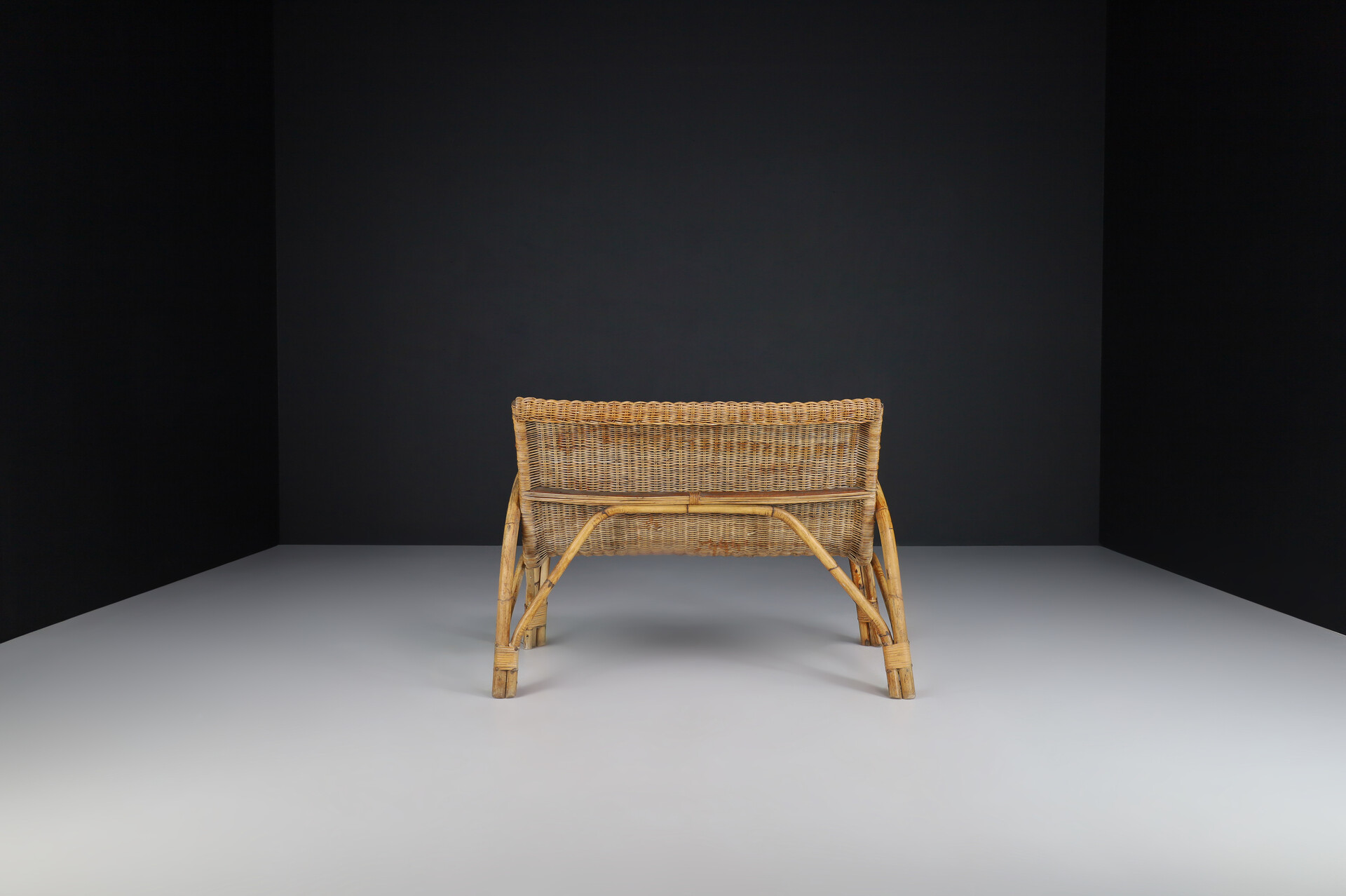 Mid century modern Bamboo and wicker bench, France 1960s Mid-20th century