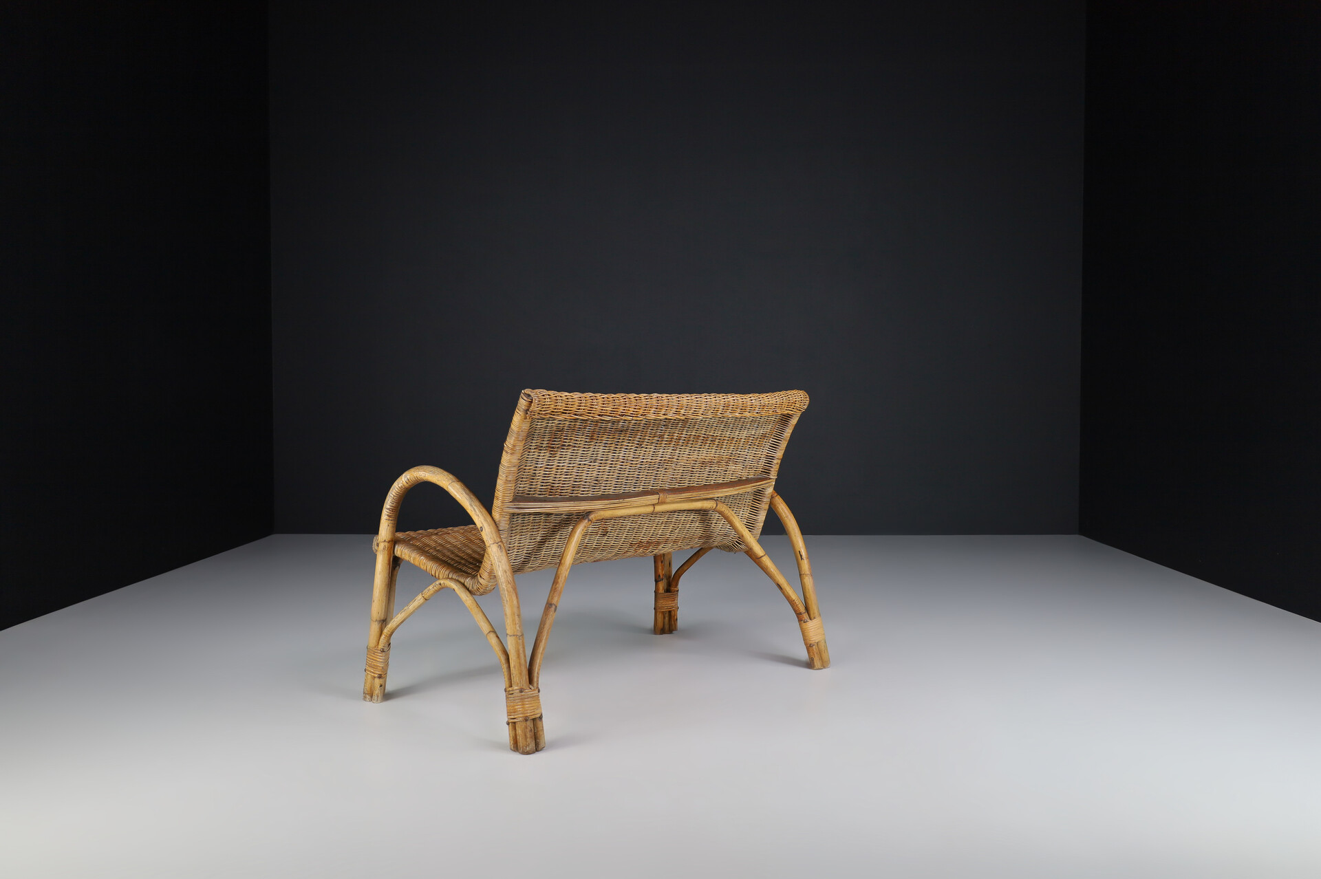 Mid century modern Bamboo and wicker bench, France 1960s Mid-20th century