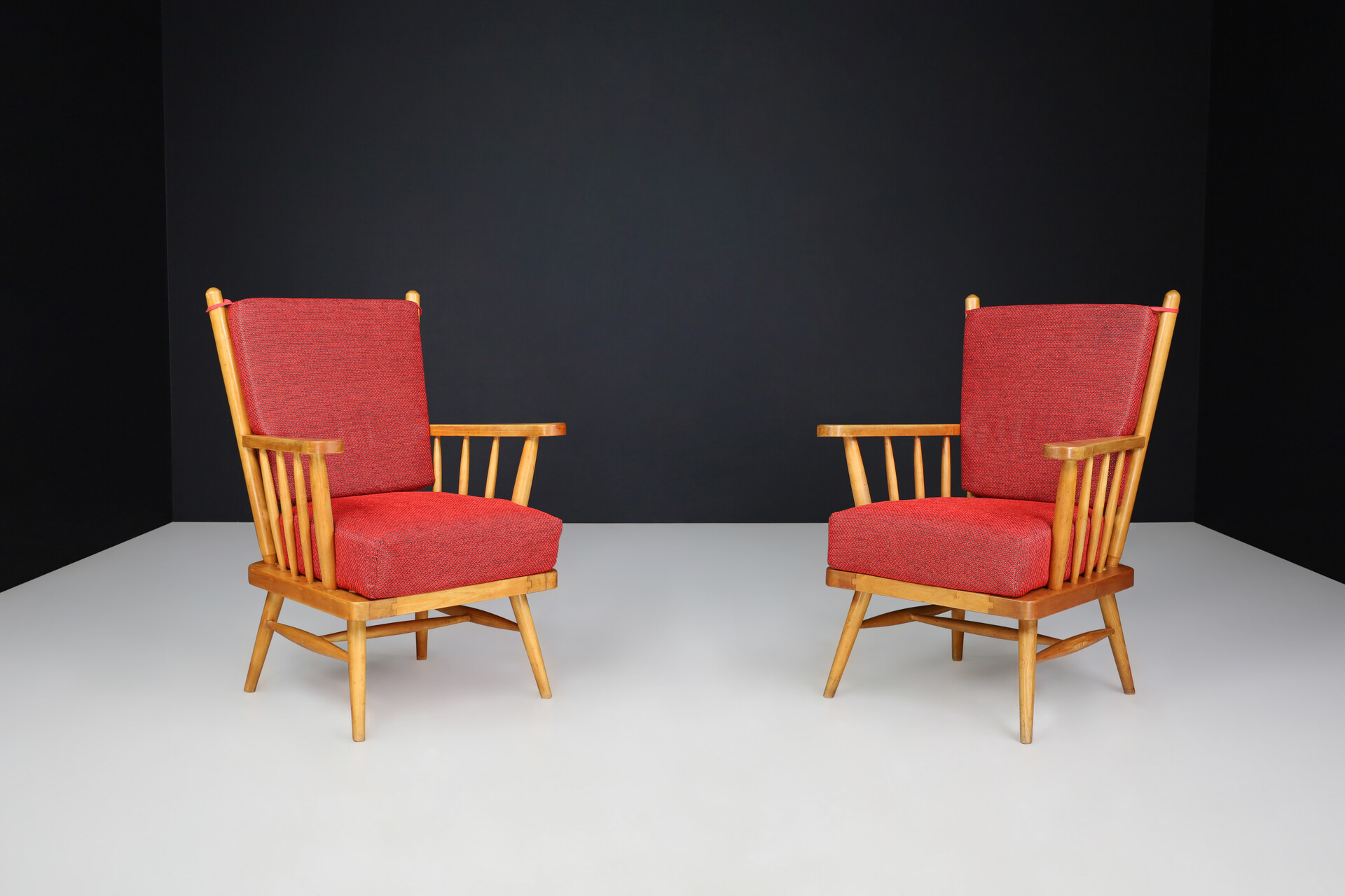 Mid century modern Beech Arm Chairs with Reupholstery red Cushions, France 1950s Mid-20th century