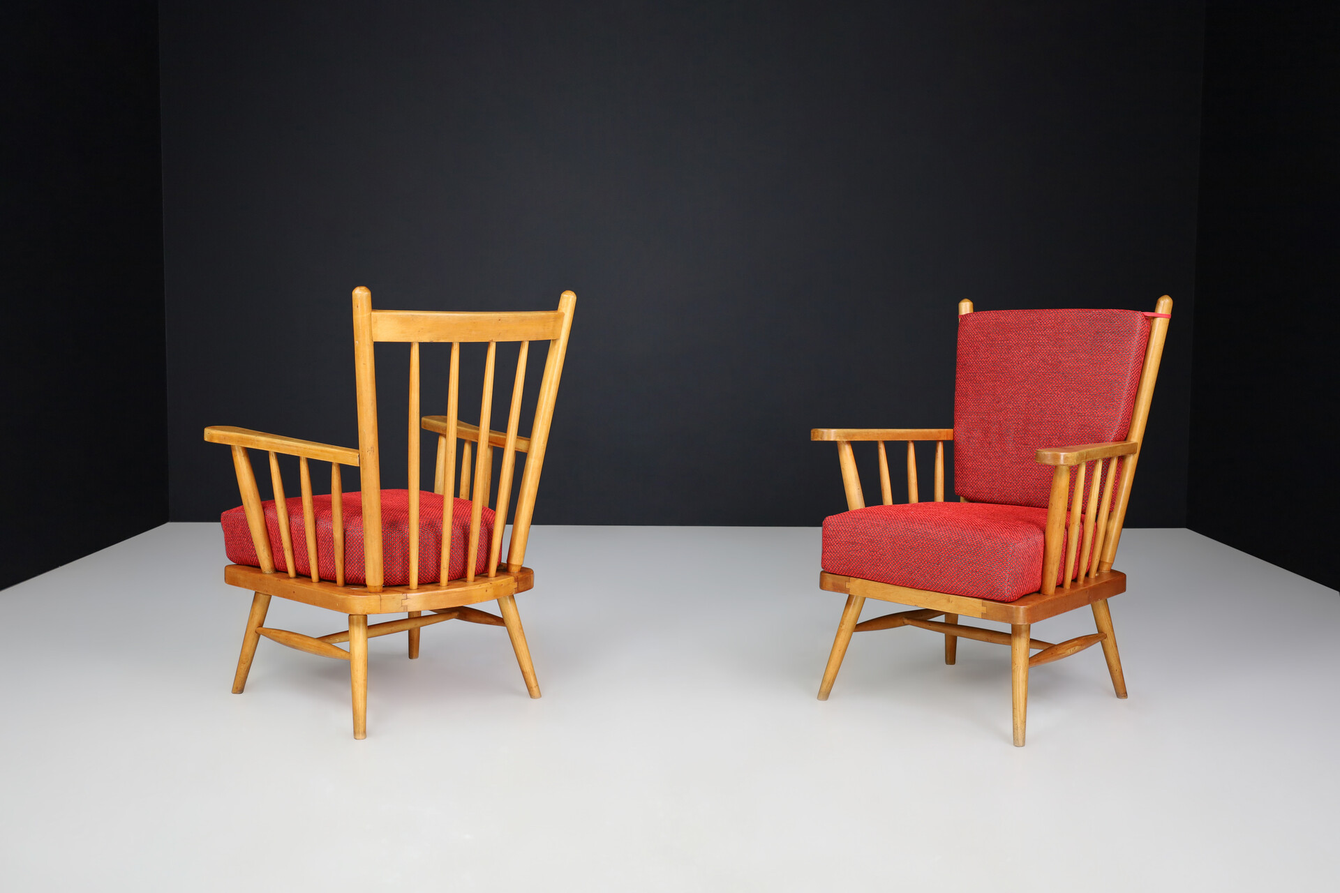 Mid century modern Beech Arm Chairs with Reupholstery red Cushions, France 1950s Mid-20th century