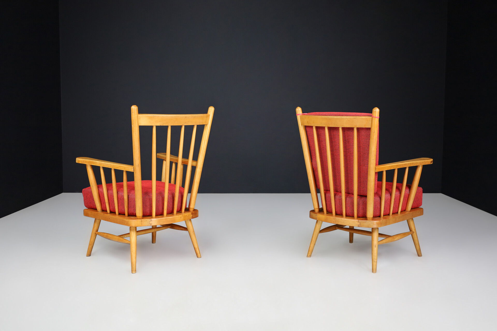 Mid century modern Beech Arm Chairs with Reupholstery red Cushions, France 1950s Mid-20th century