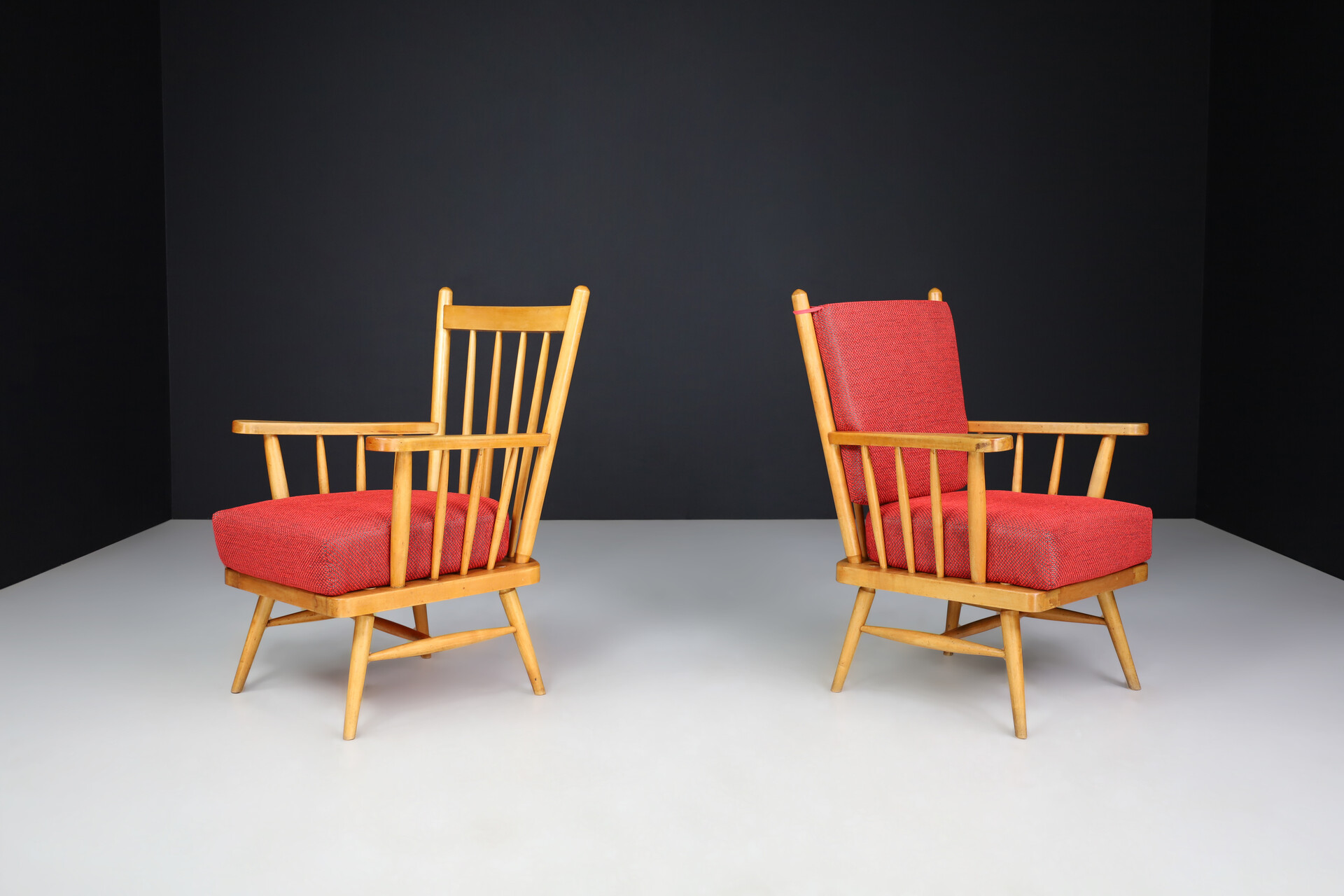 Mid century modern Beech Arm Chairs with Reupholstery red Cushions, France 1950s Mid-20th century